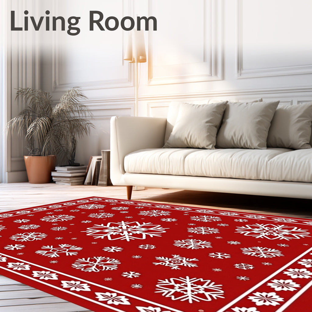 Crimson White Snowflake Mandala Border Rug