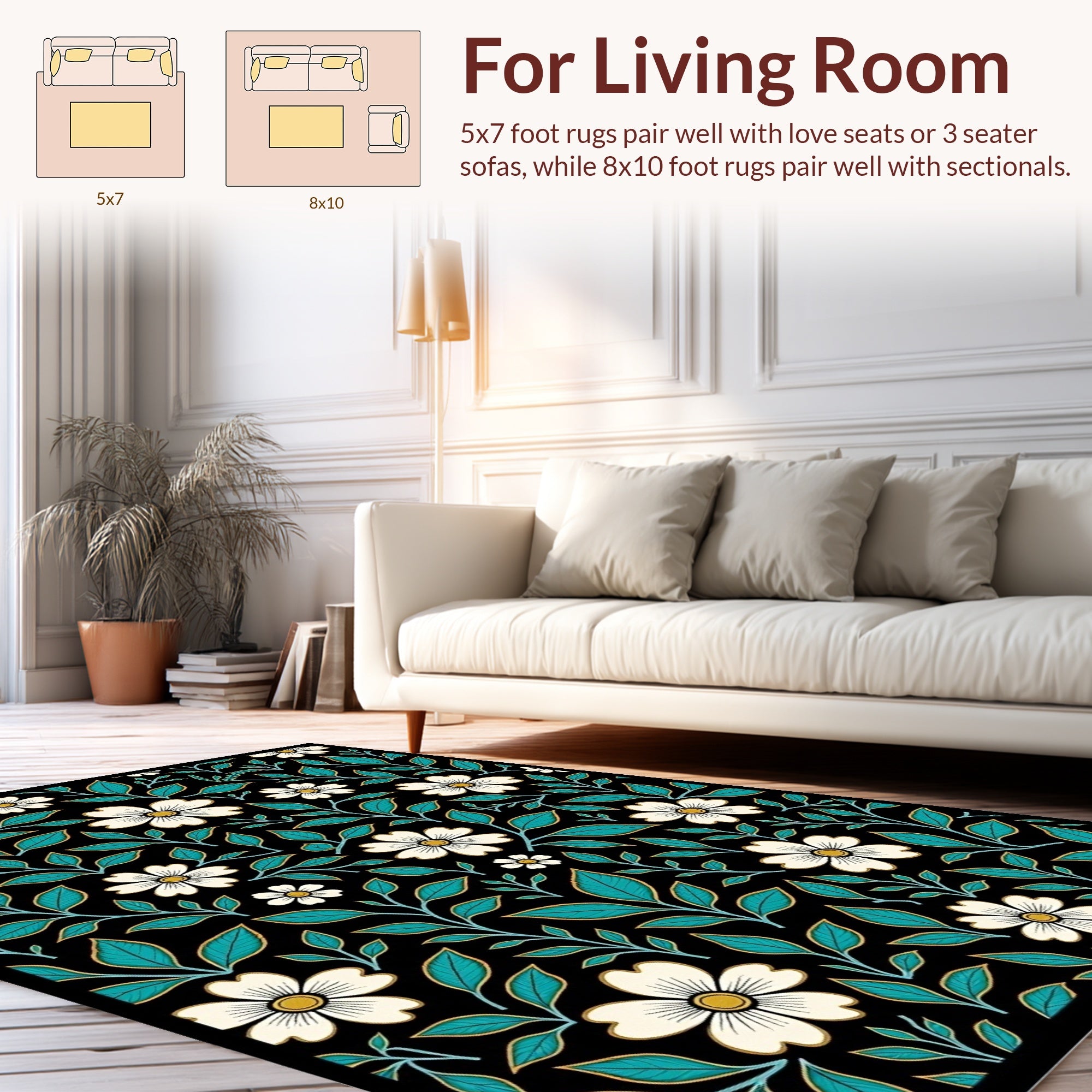 Dark Floral White Outline Pattern Rug