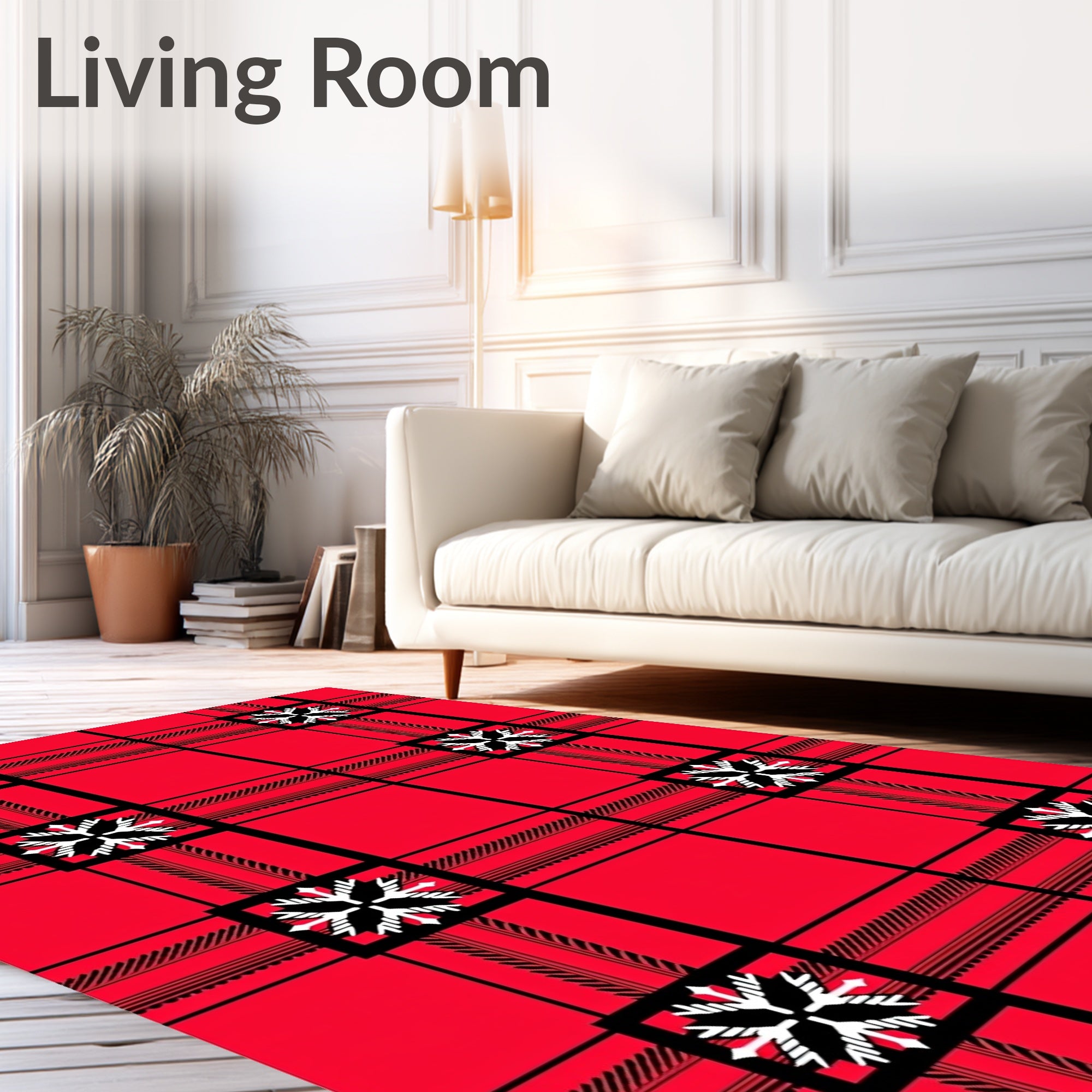 Red Black Plaid Snowflake Square Rug