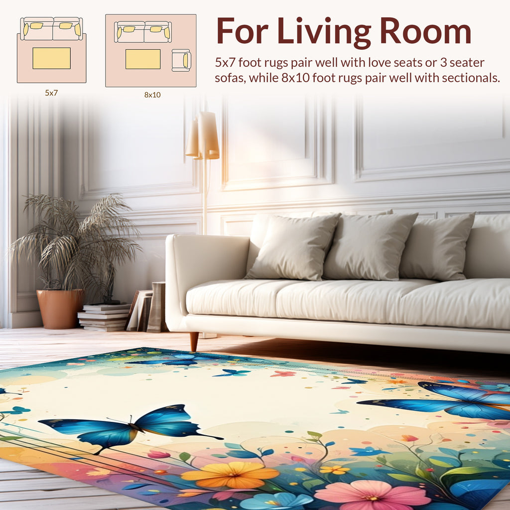 Bright Blue Butterflies Floral Garden Rug