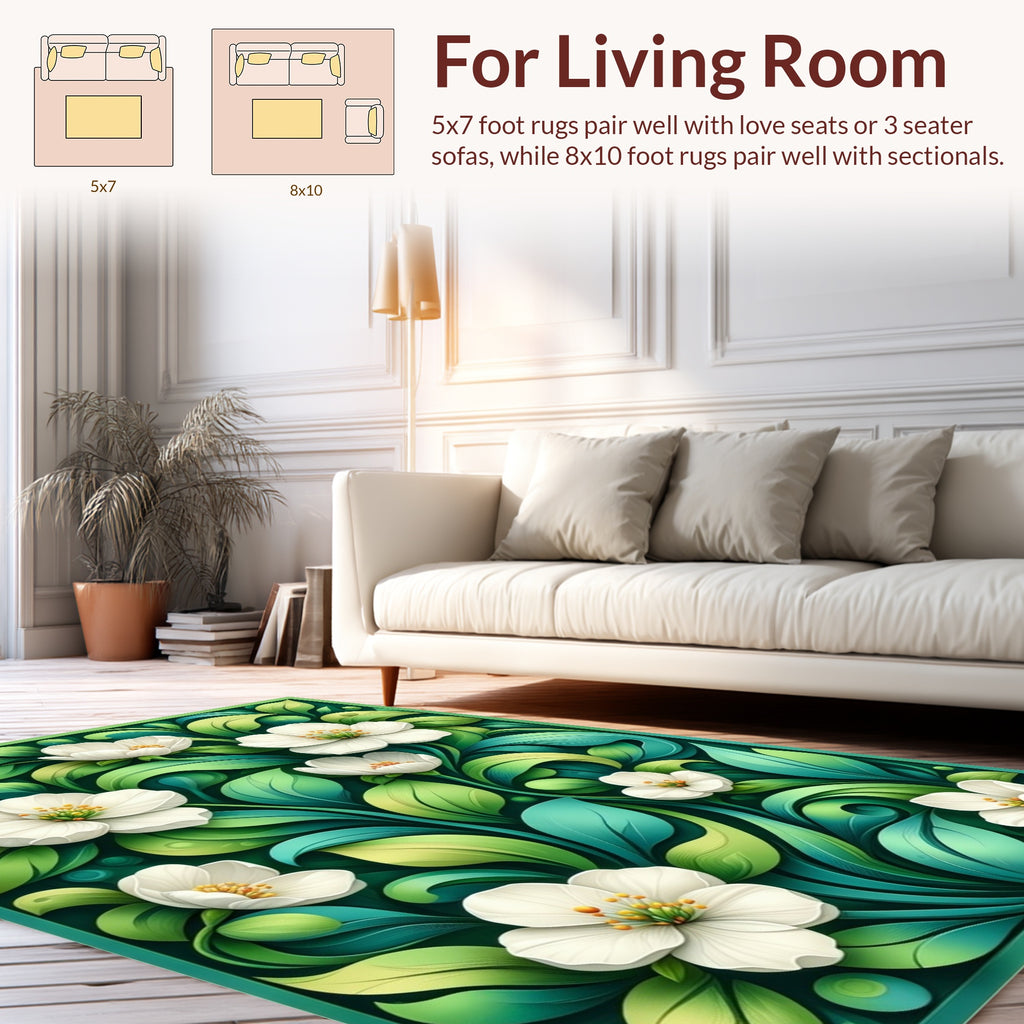 White Blossoms Green Swirl Art Rug