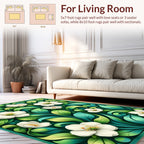 White Blossoms Green Swirl Art Rug