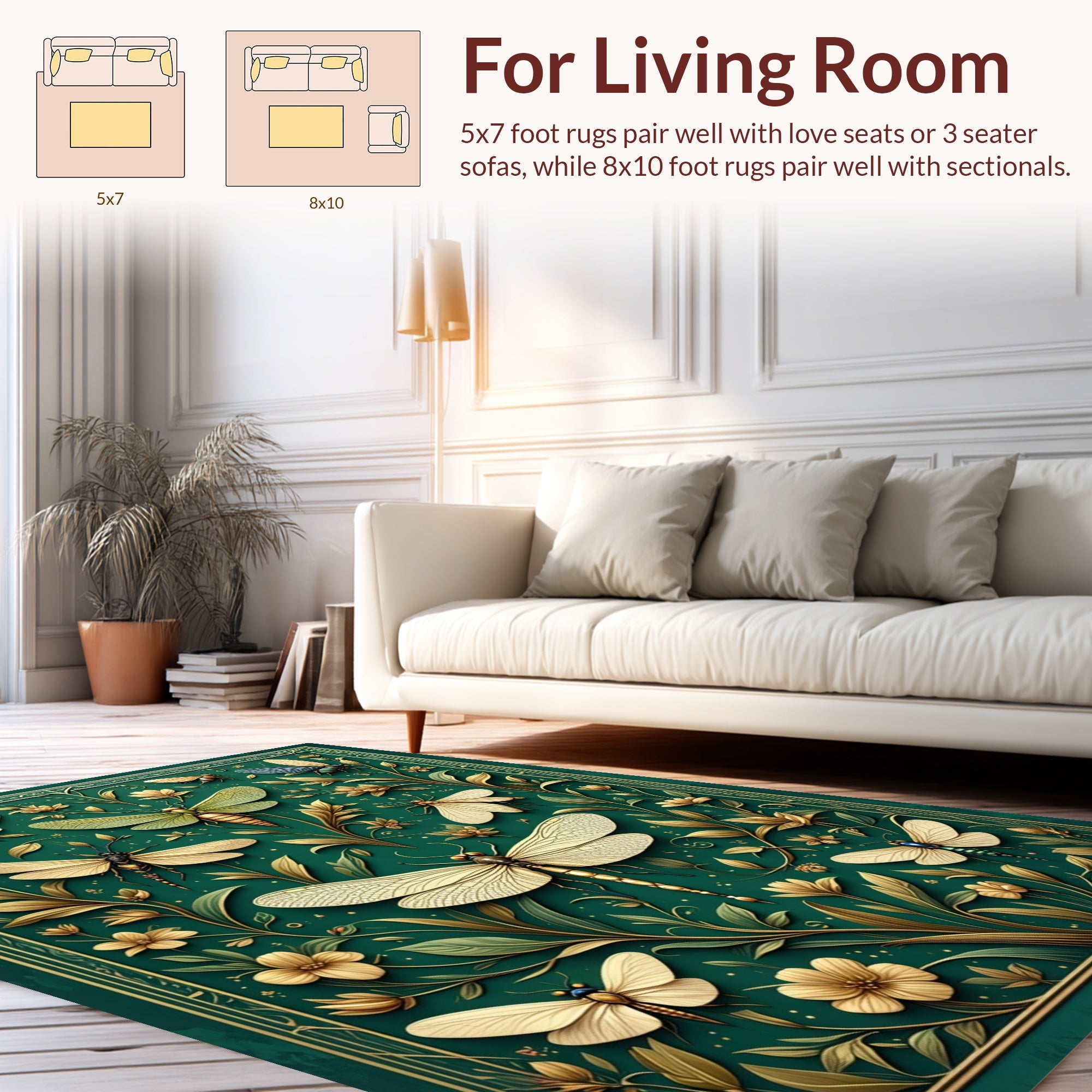 Emerald Dragonflies Floral Art Rug