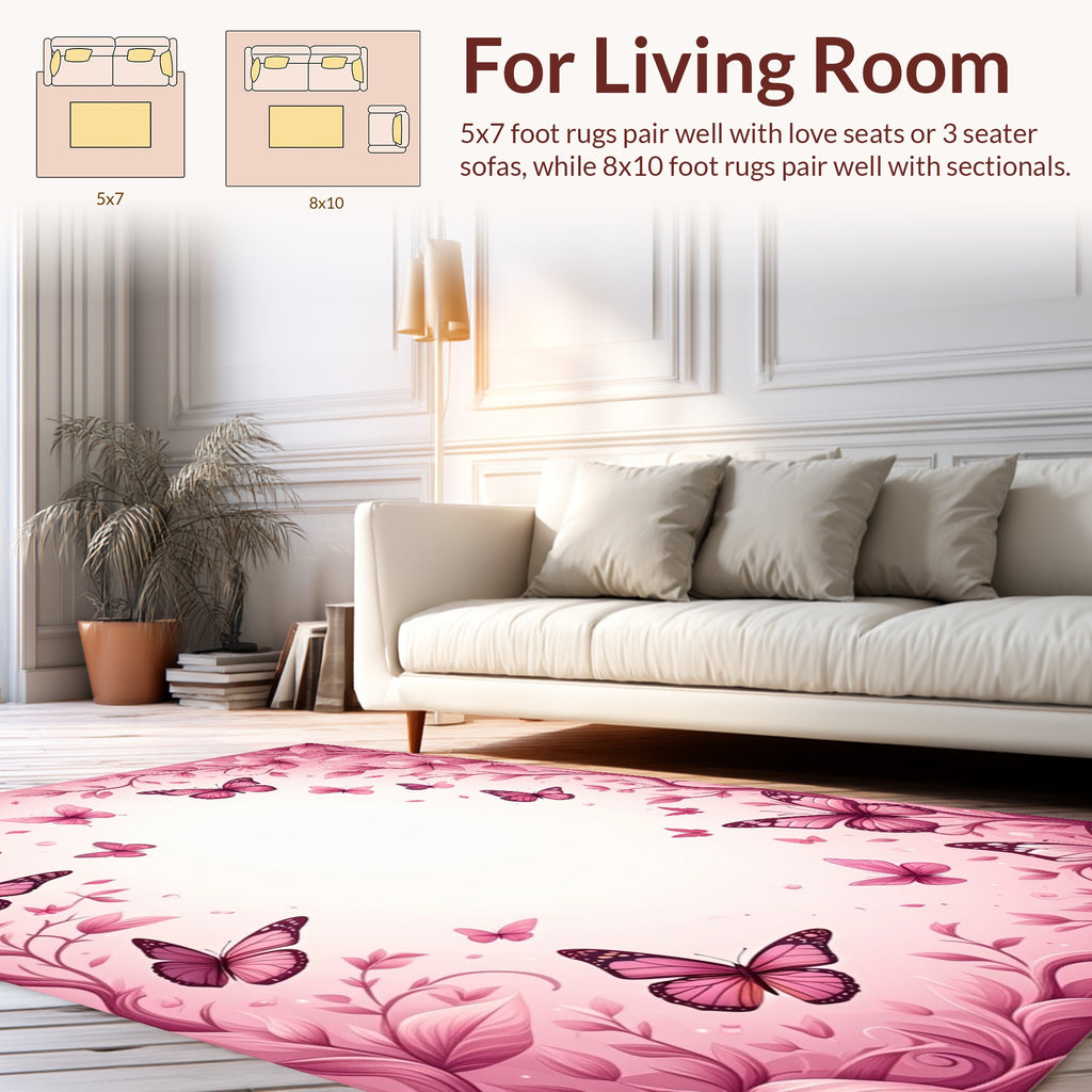 Whimsical Pink Butterfly Floral Design Rug