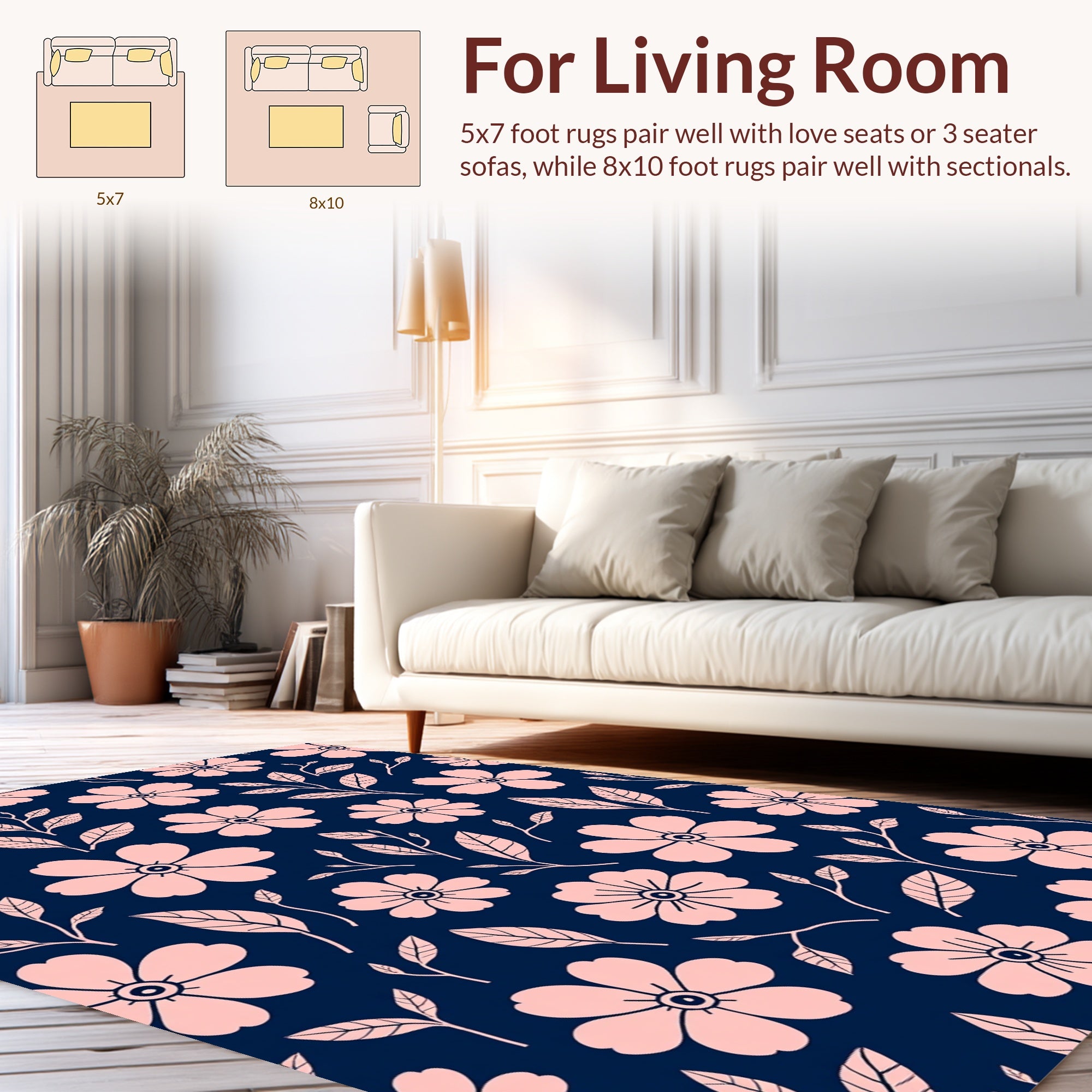 Pink Floral Vines Dark Blue Rug