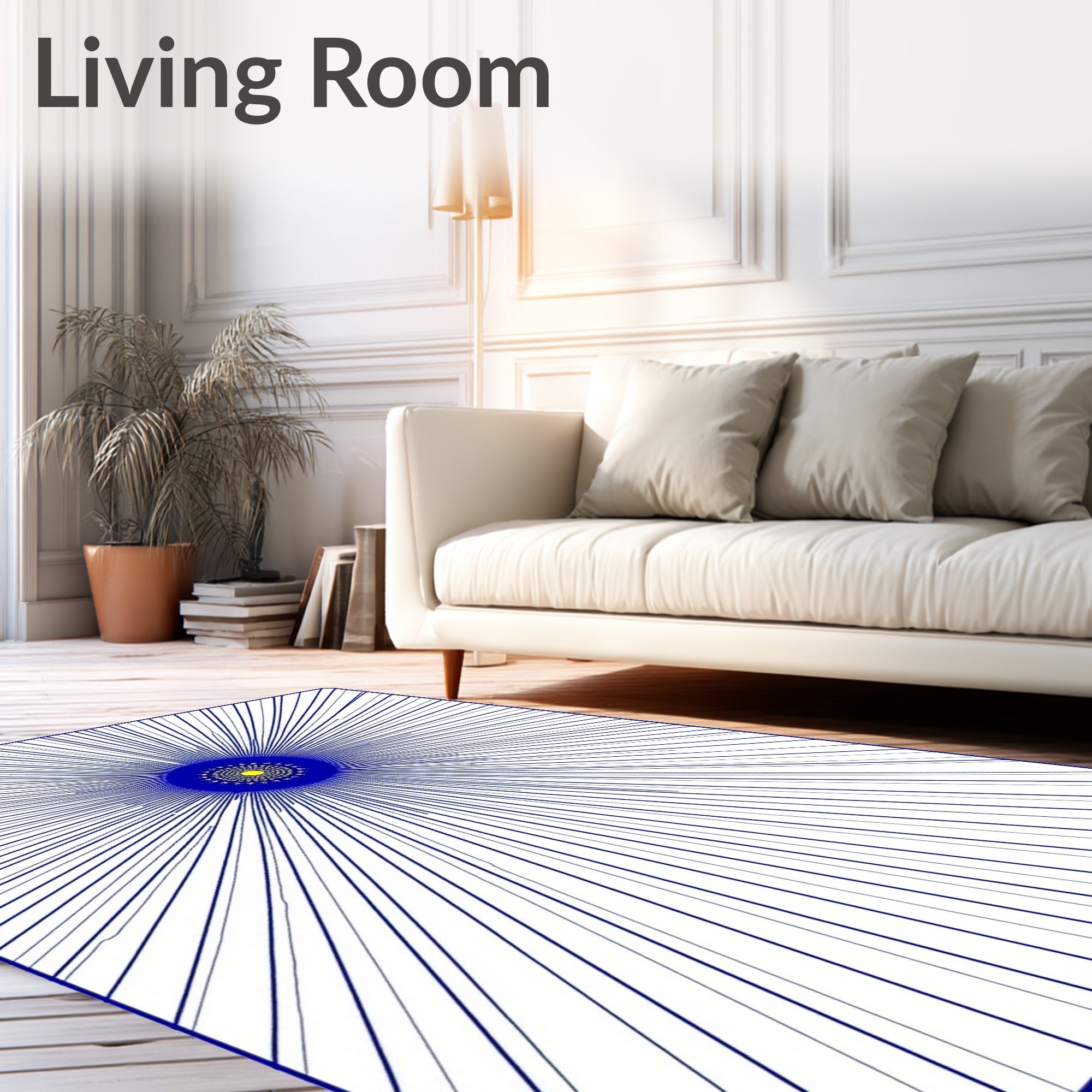 Abstract Sunburst Blue Yellow Radiating Rug