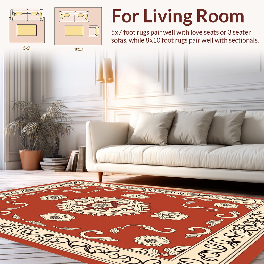 Terracotta Floral Scroll Detailed Pattern Rug