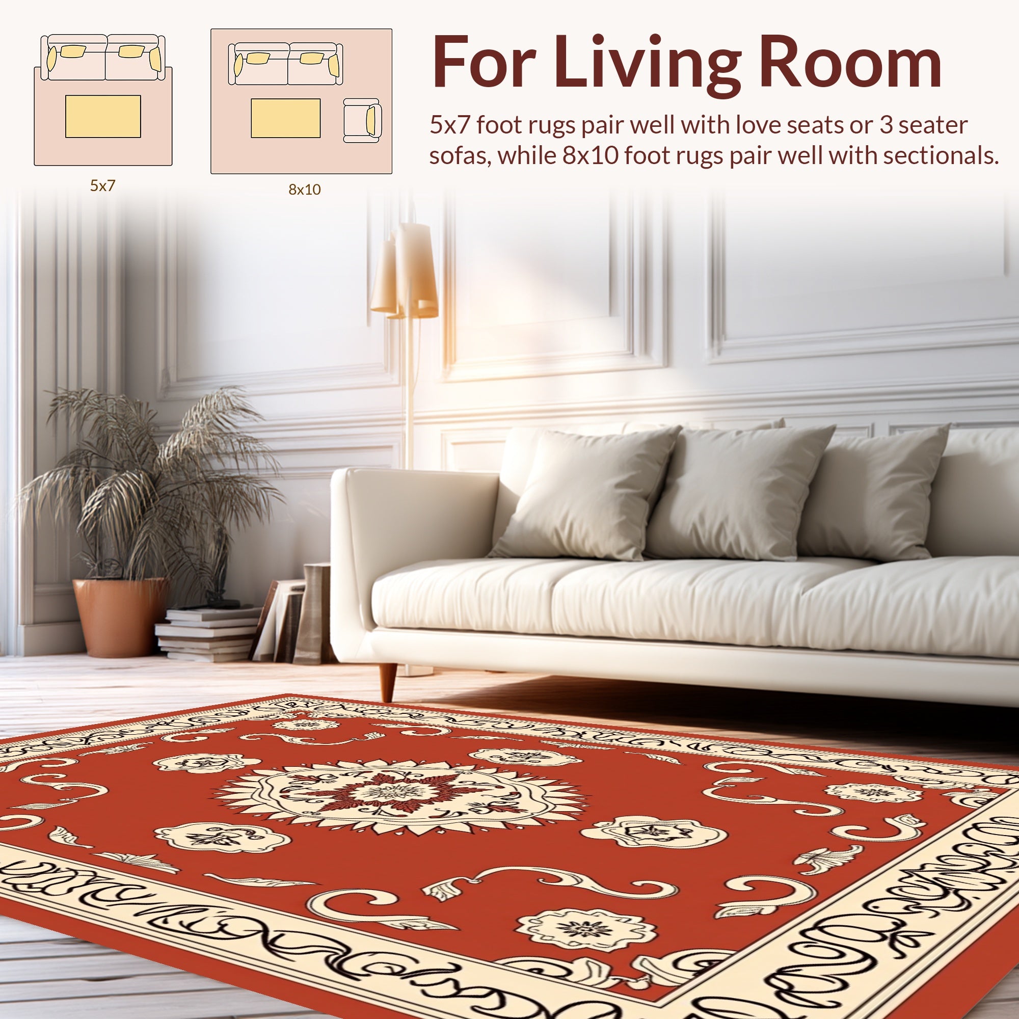 Terracotta Floral Scroll Detailed Pattern Rug