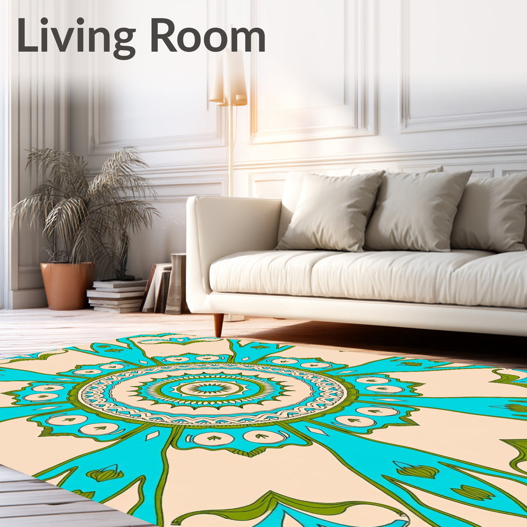 Aqua Teal Floral Sunburst Mandala Rug