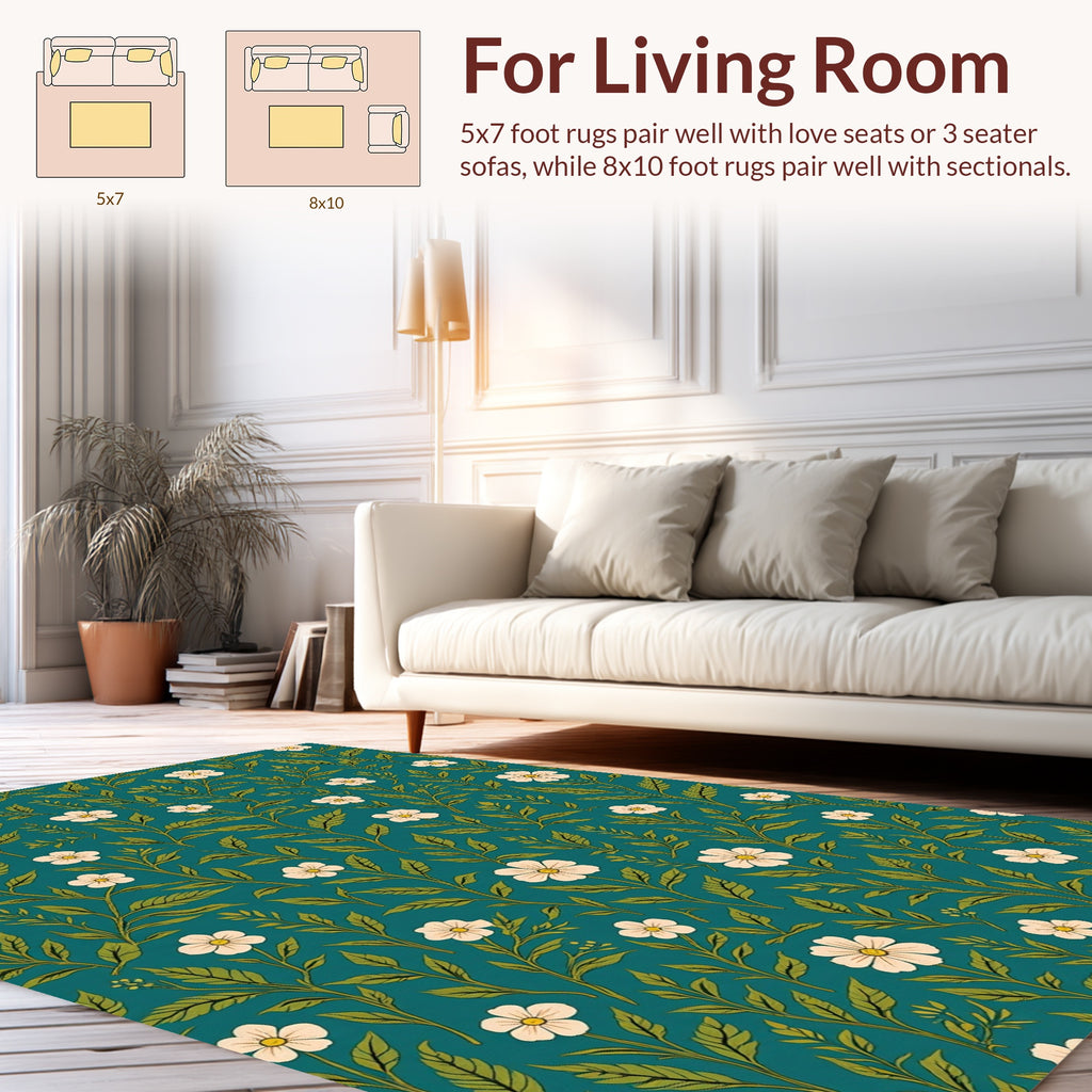 Teal Floral Botanical Vines Pattern Rug