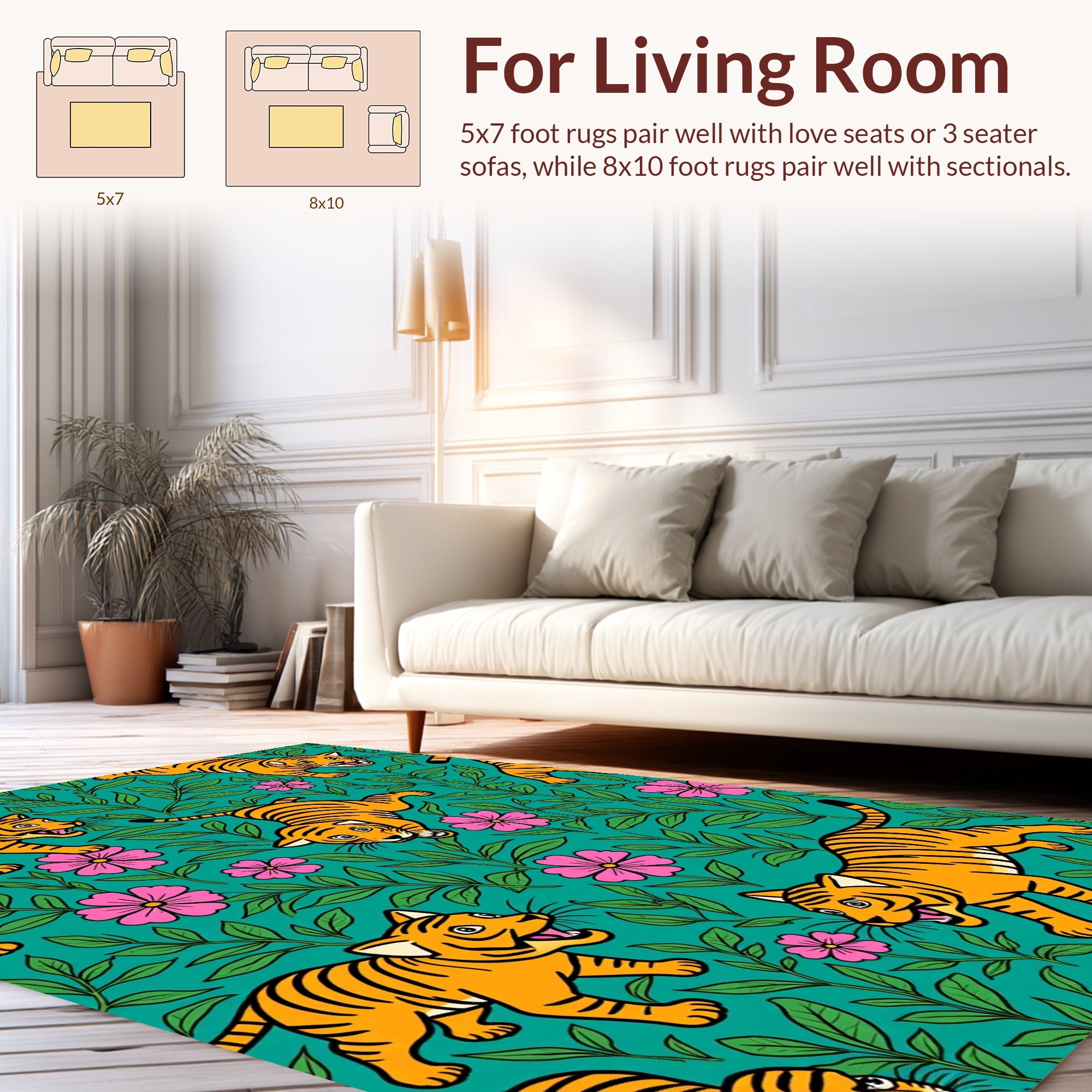 Playful Tiger Floral Pattern Design Rug