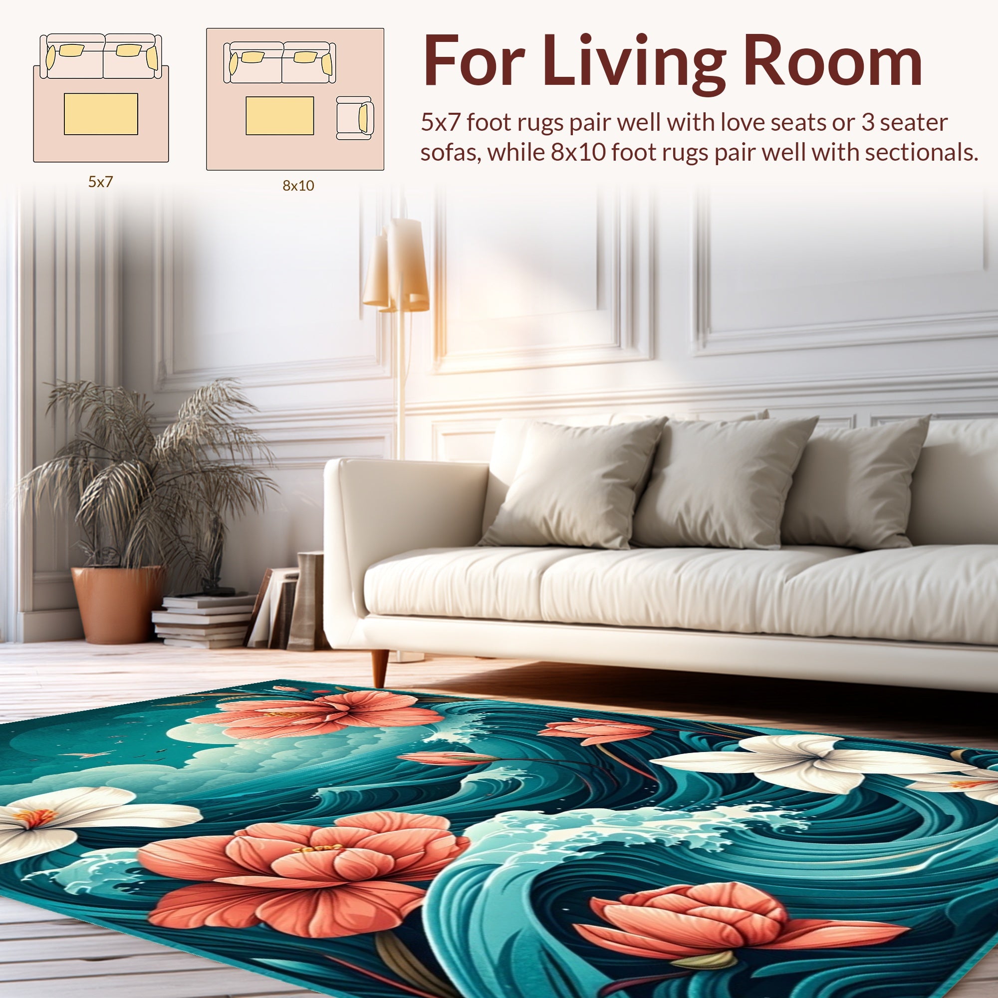 Tropical Flowers in Ocean Waves Rug