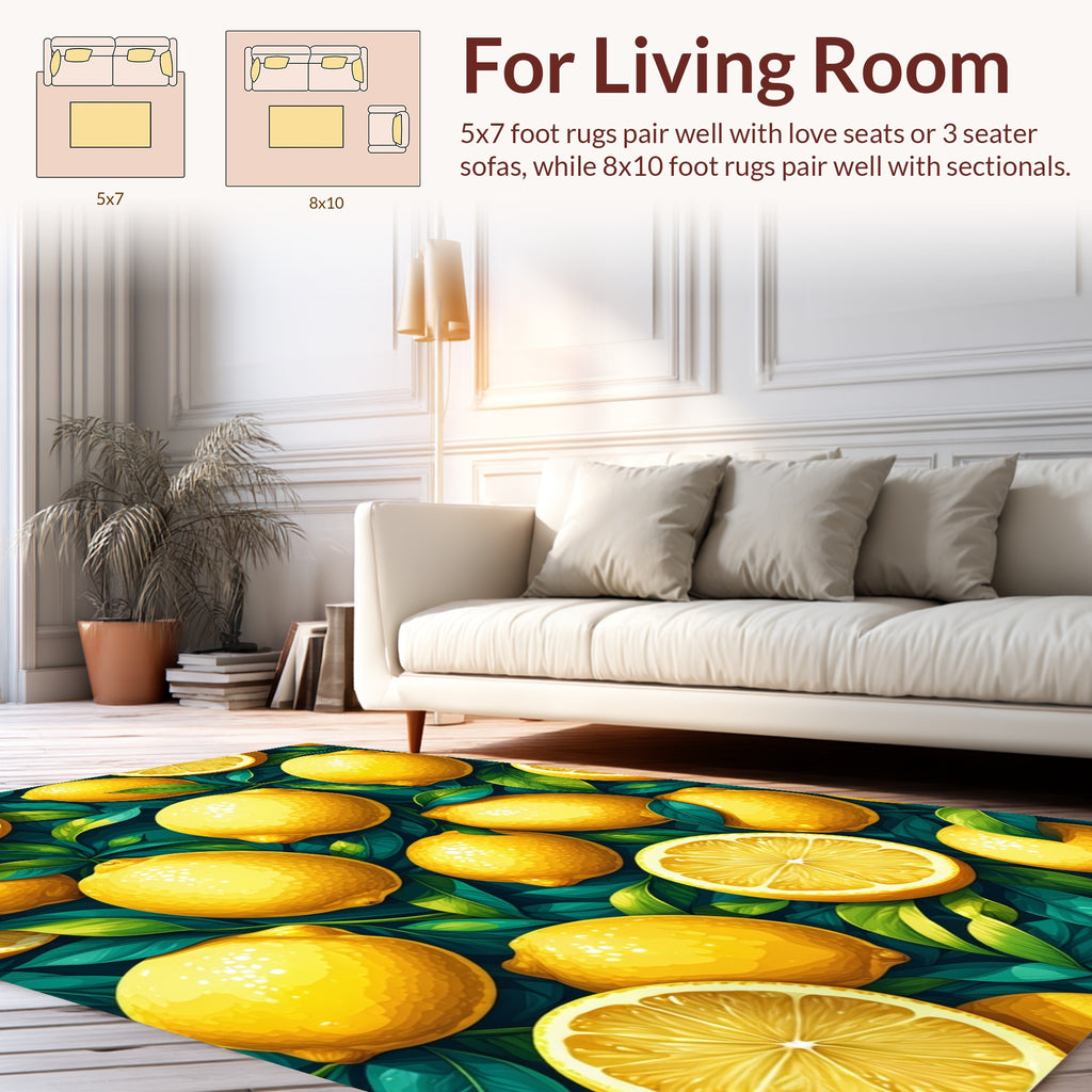 Vibrant Yellow Lemons Green Leaves Rug