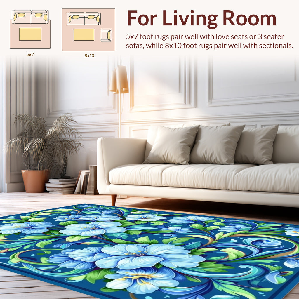 Elegant Blue Floral Swirl Pattern Rug