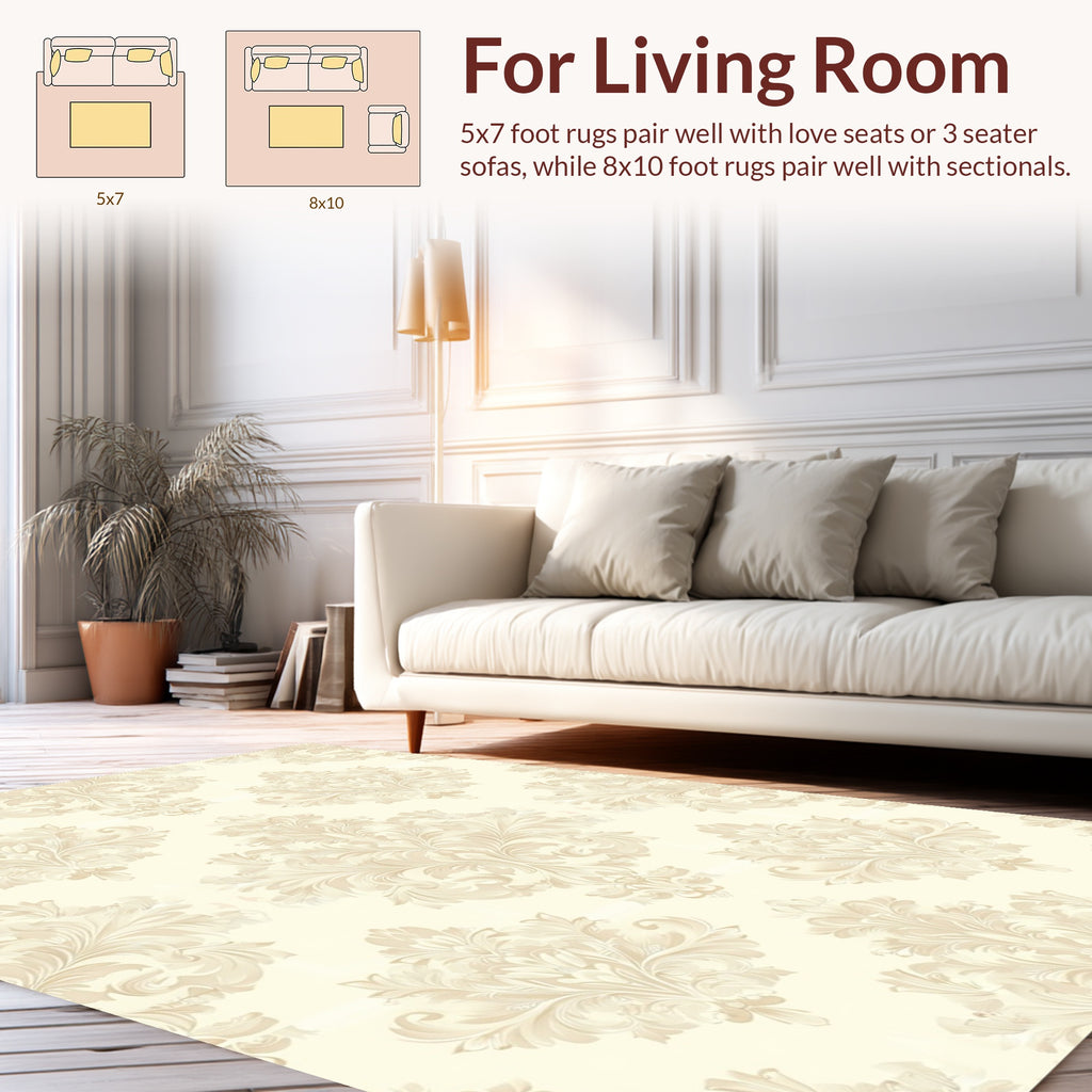 Cream Classic Damask Scroll Pattern Rug