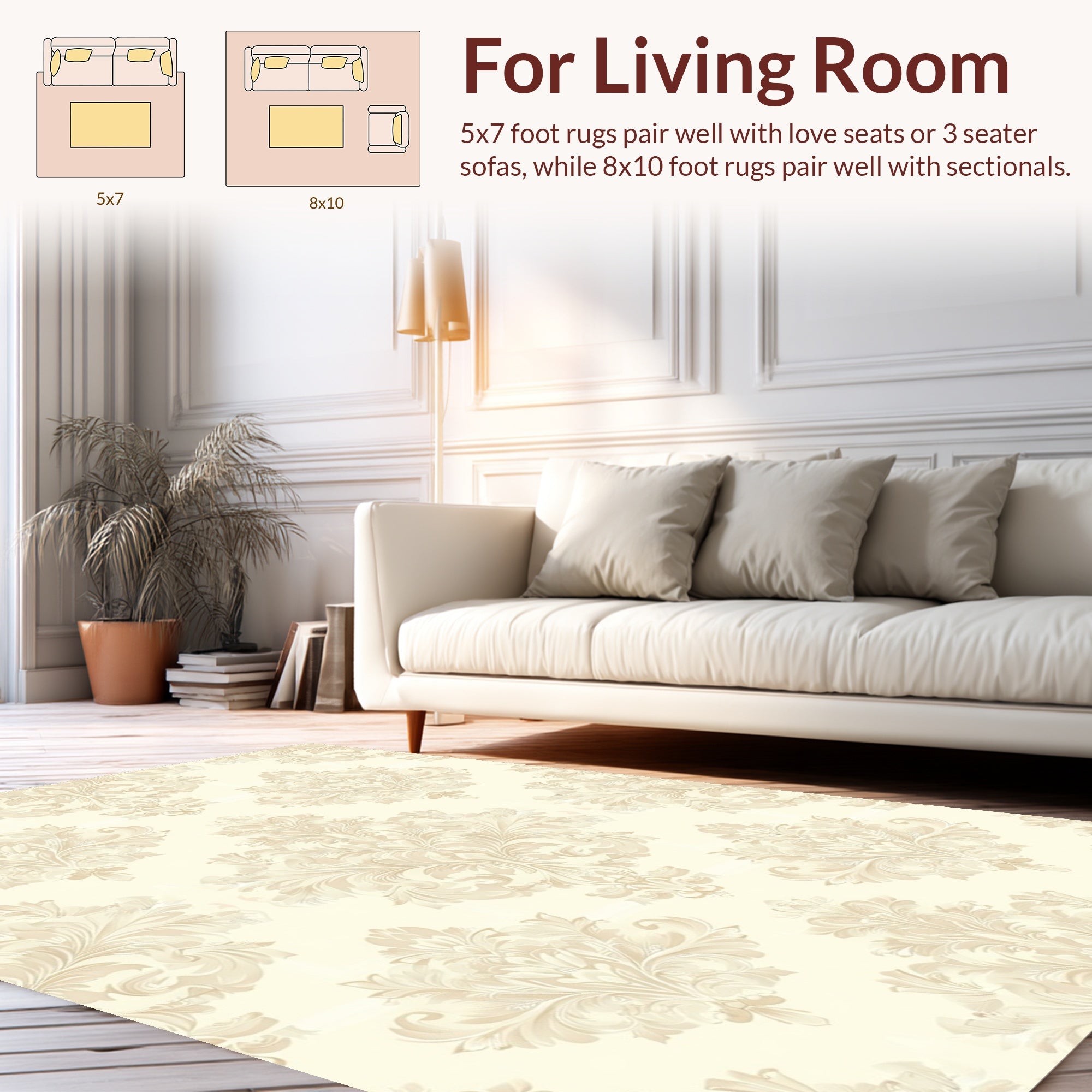 Cream Classic Damask Scroll Pattern Rug