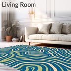 Deep Blue Cream Wavy Intertwined Lines Rug