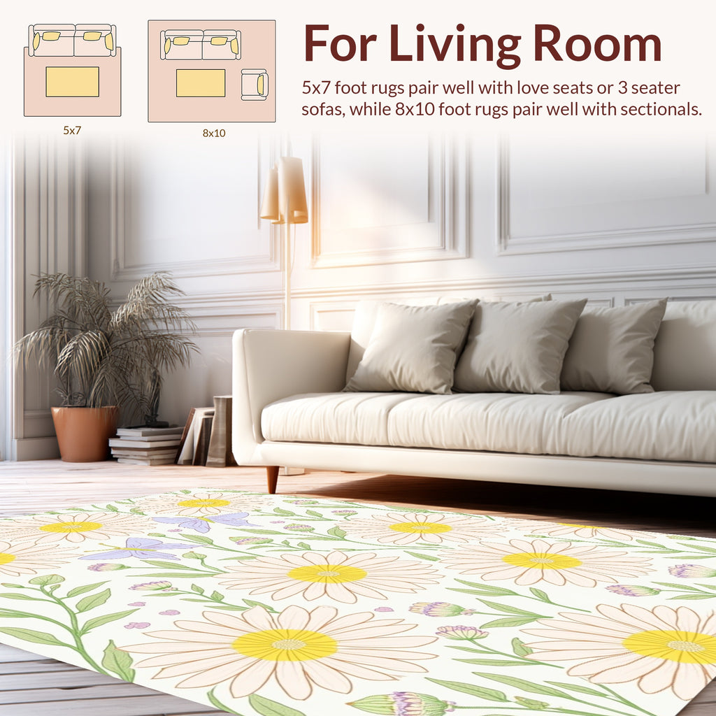 Pastel Daisy Butterfly Botanical Design Rug