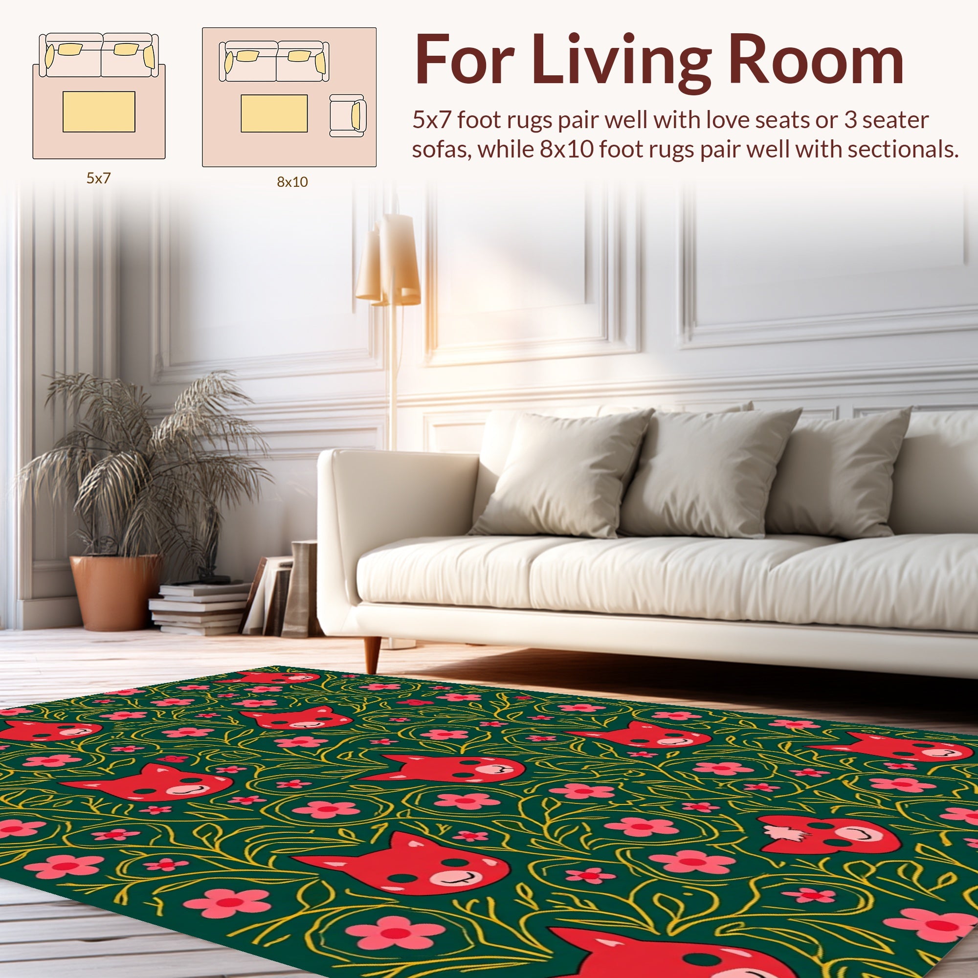 Red Fox Pink Flower Botanical Pattern Rug