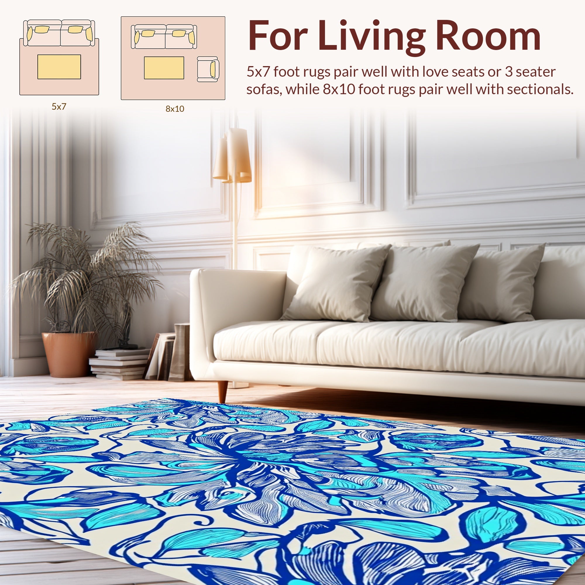 Blue White Floral Sketch Area Rug