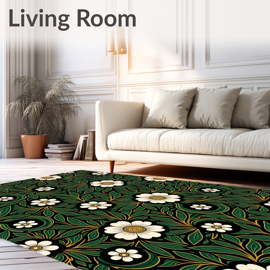 Art Nouveau Black White Floral Emerald Leaves Rug