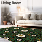Art Nouveau Black White Floral Emerald Leaves Rug