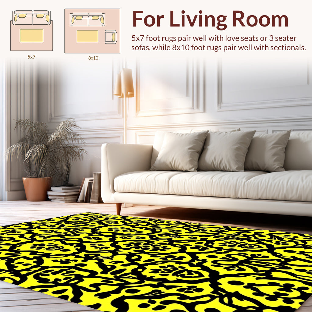 Bold Yellow Black Damask Motif Rug