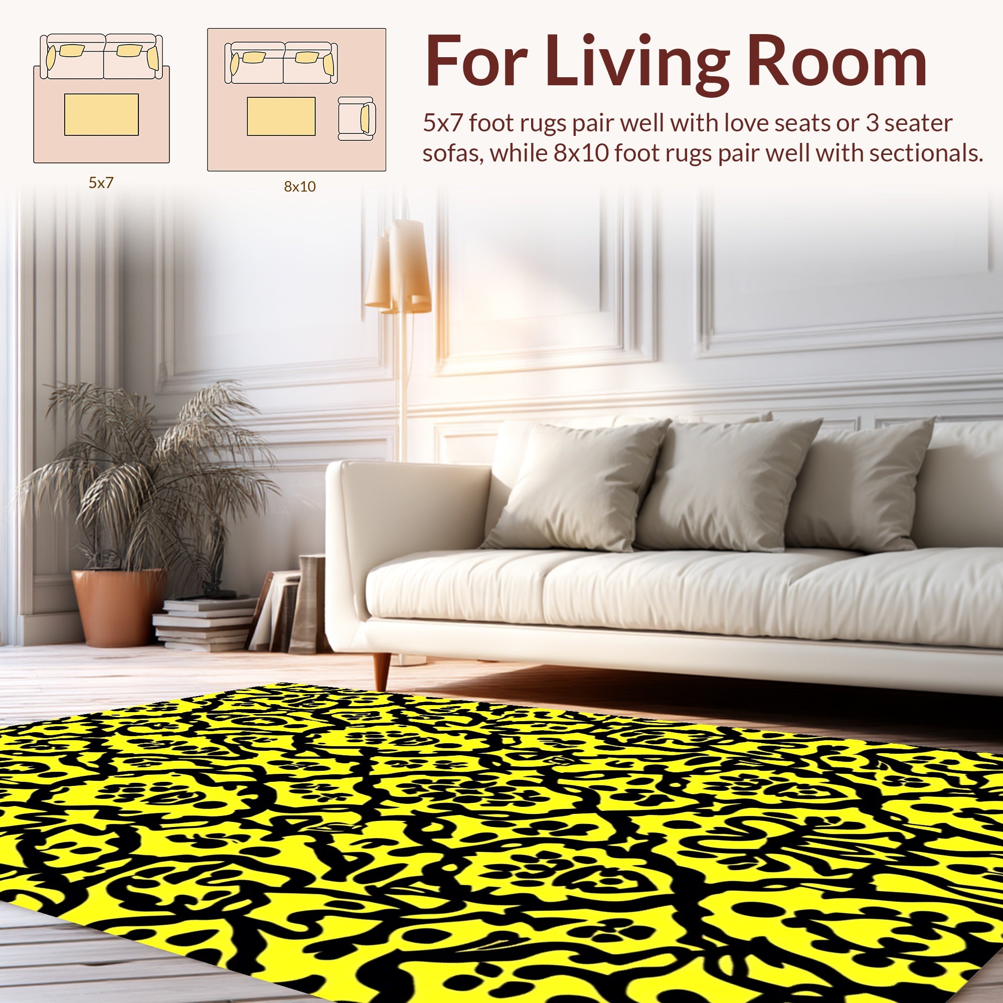 Bold Yellow Black Damask Motif Rug