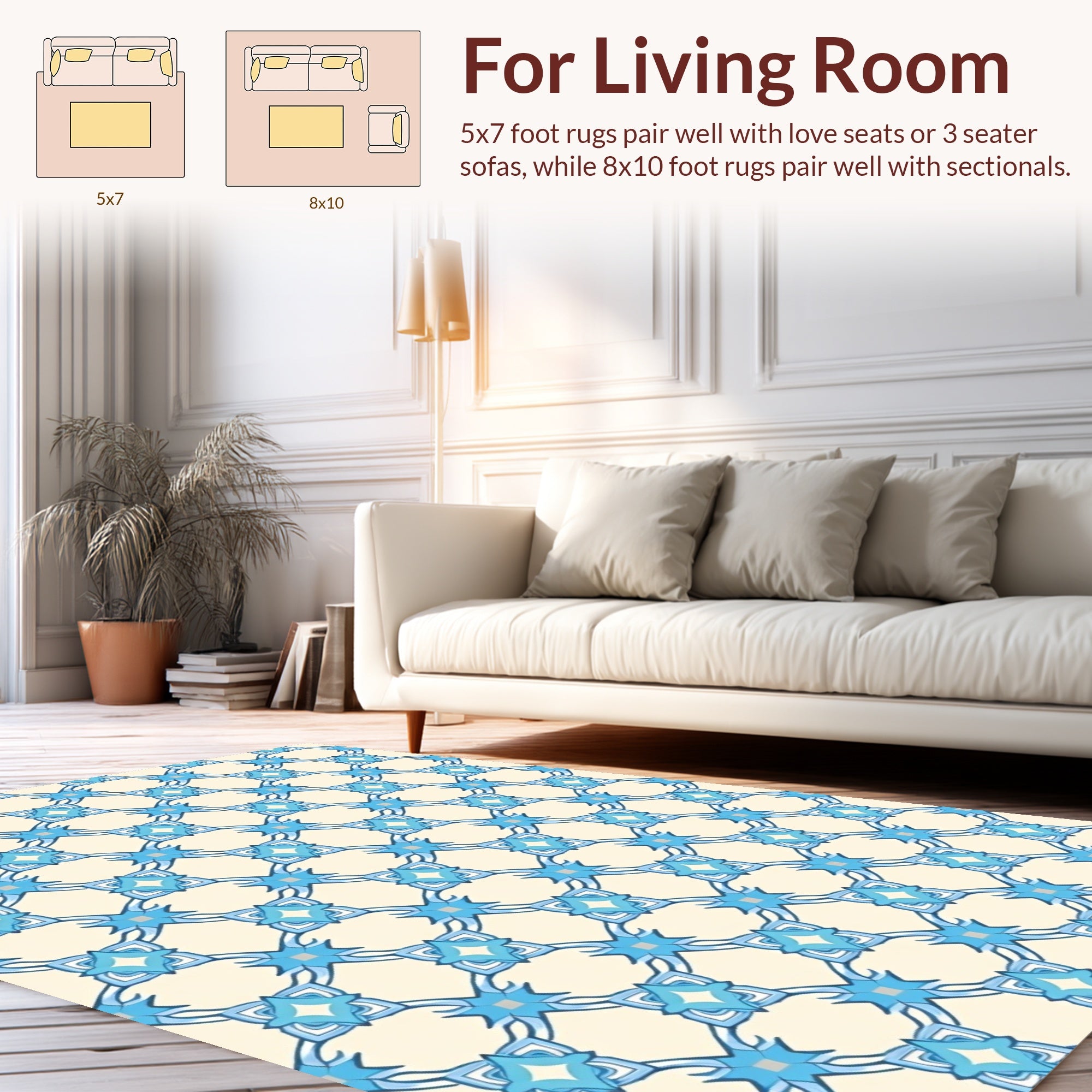 Blue Interlocking Geometric Floral Design Rug