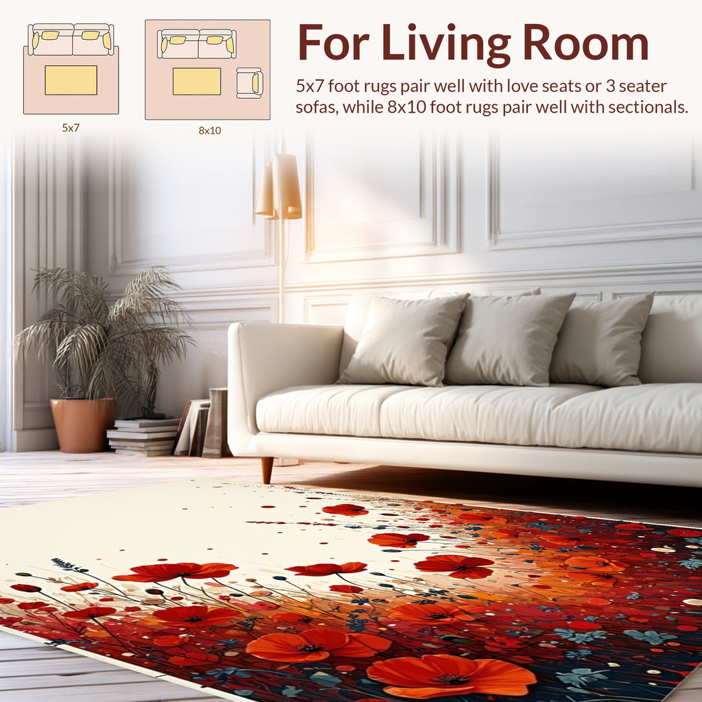 Vibrant Red Poppies Field Pattern Rug