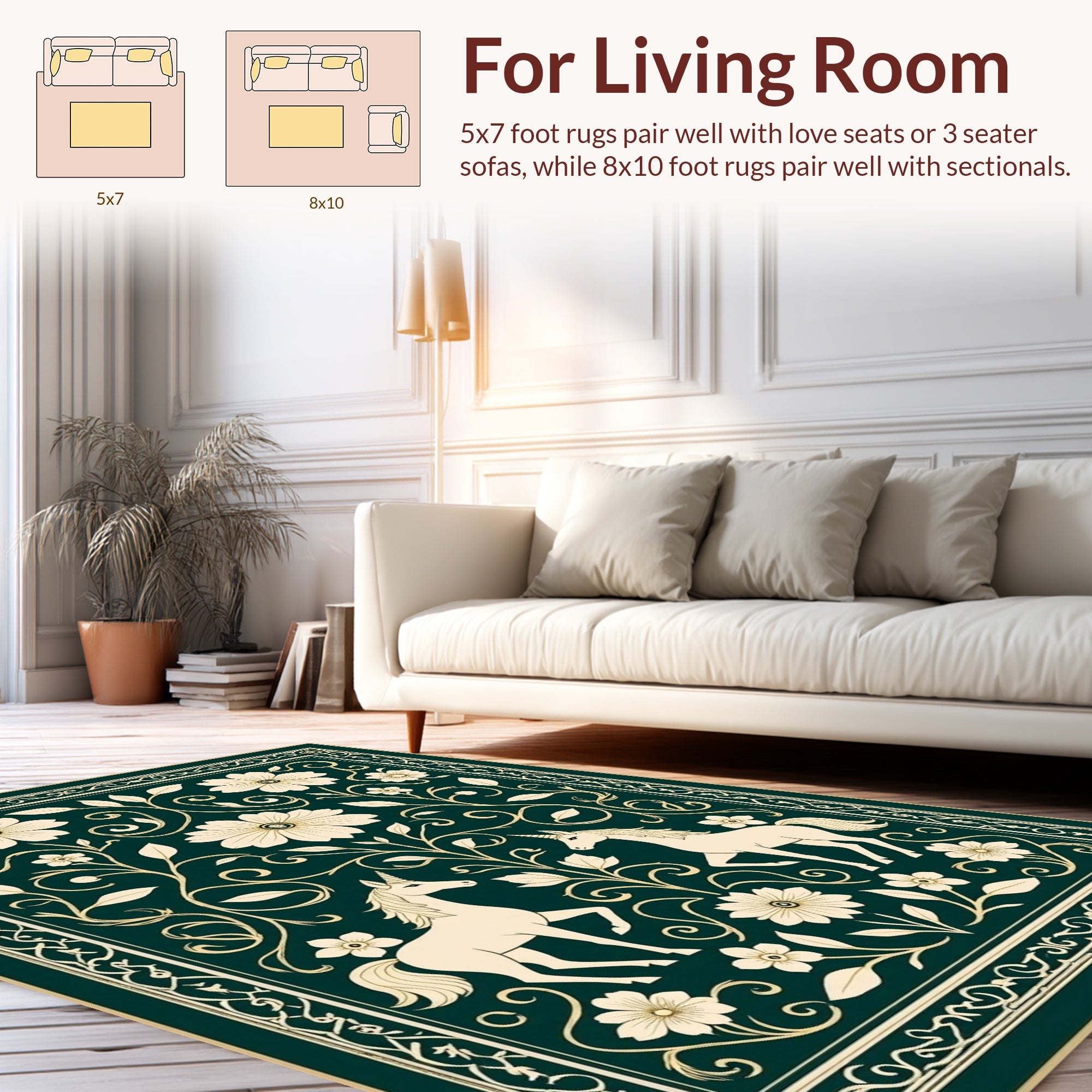Enchanted Unicorn Floral Border Design Rug