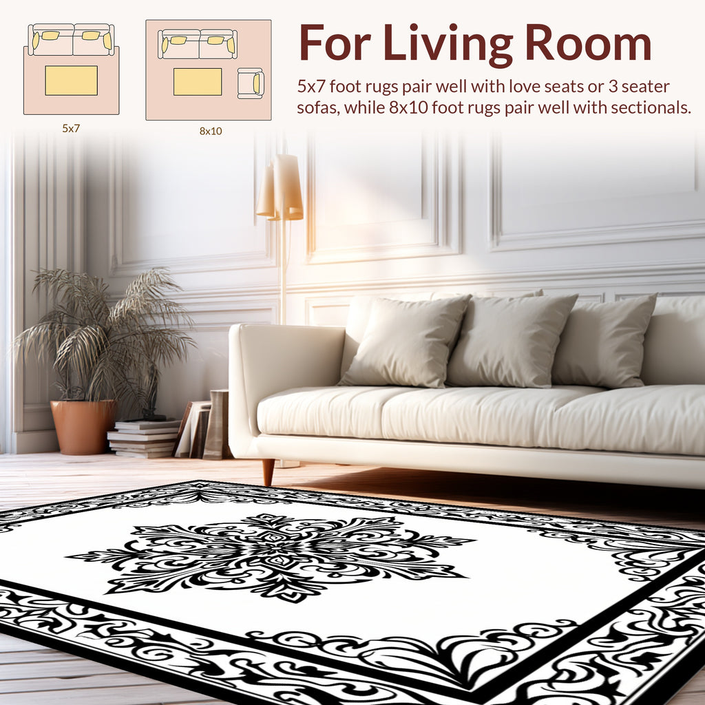 Elegant Black Floral Damask Patterned Rug