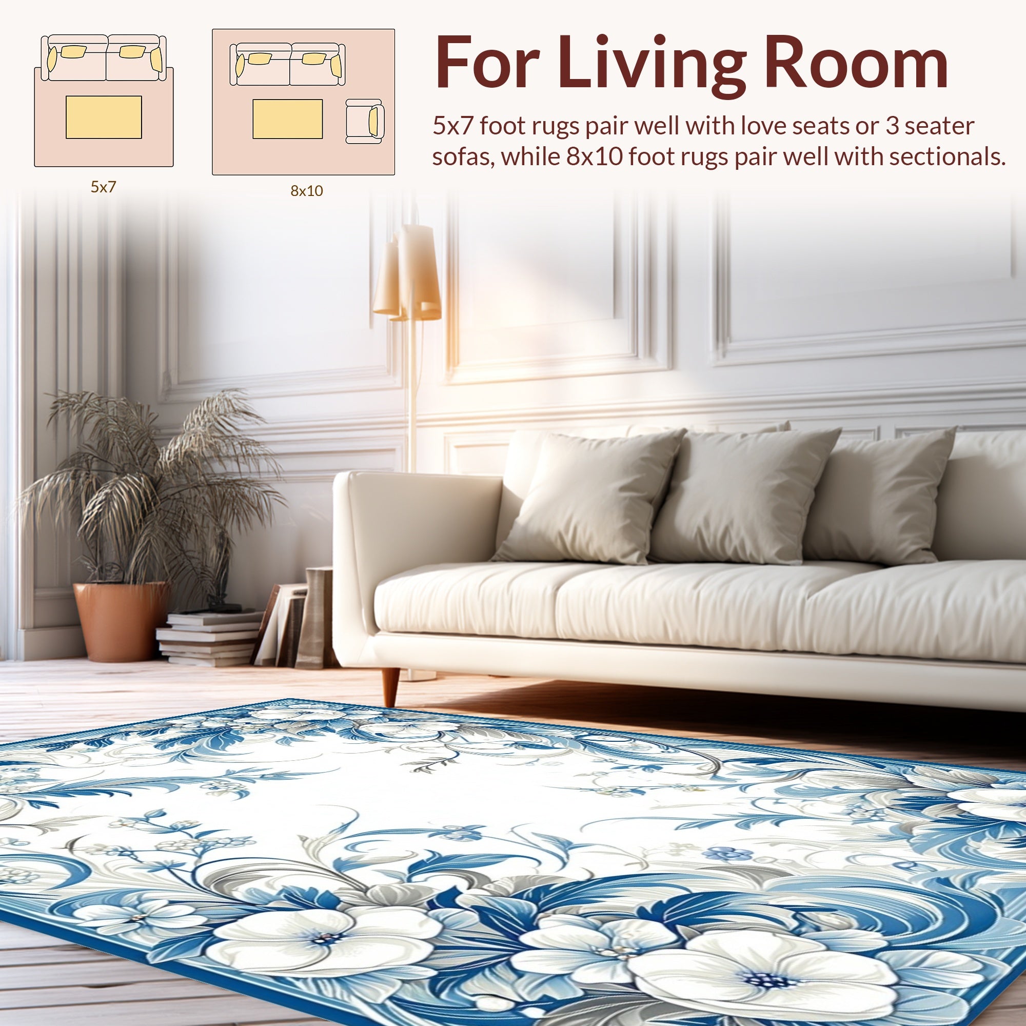 Blue White Floral Scroll Detailed Rug