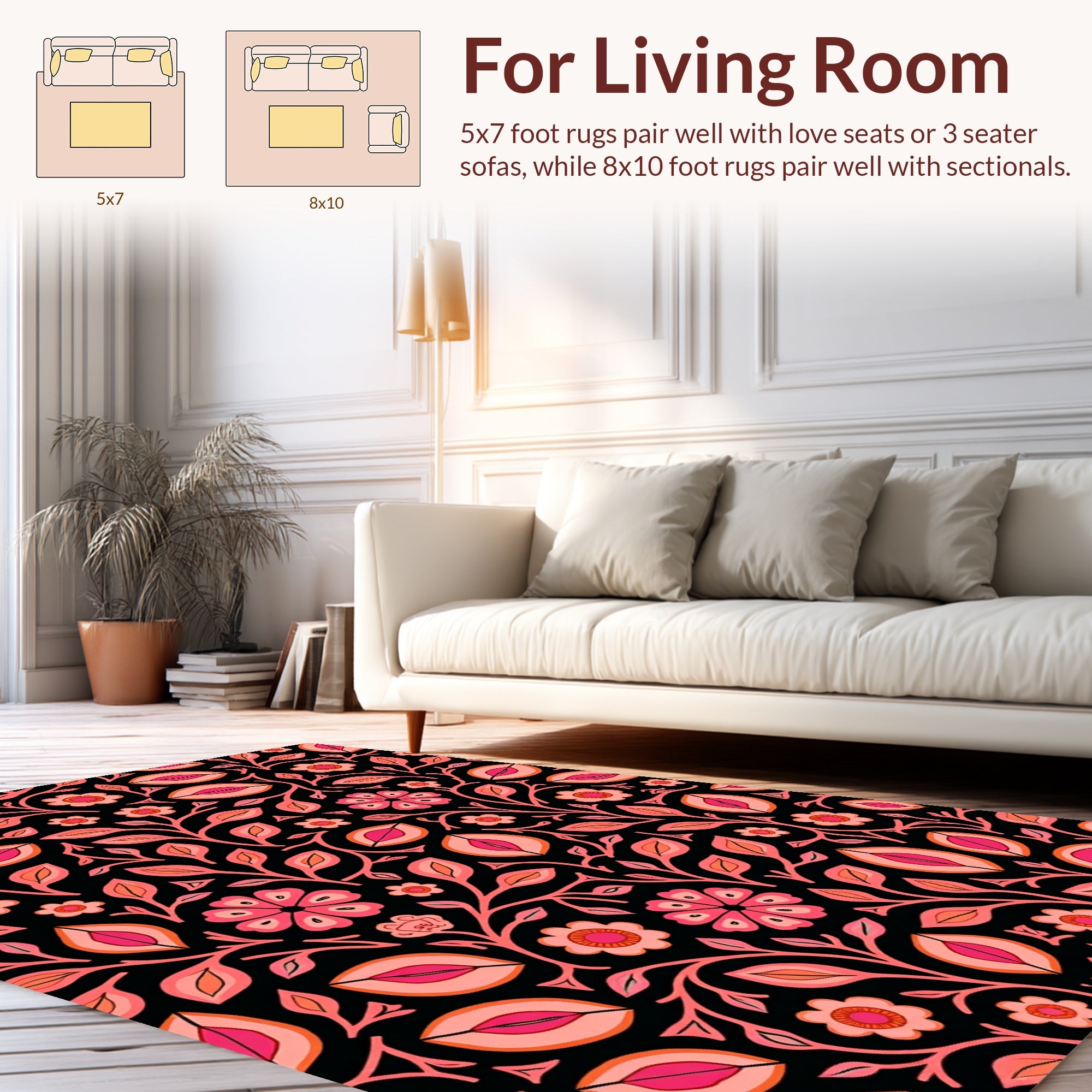 Pink Floral Leaf Vine Pattern Rug