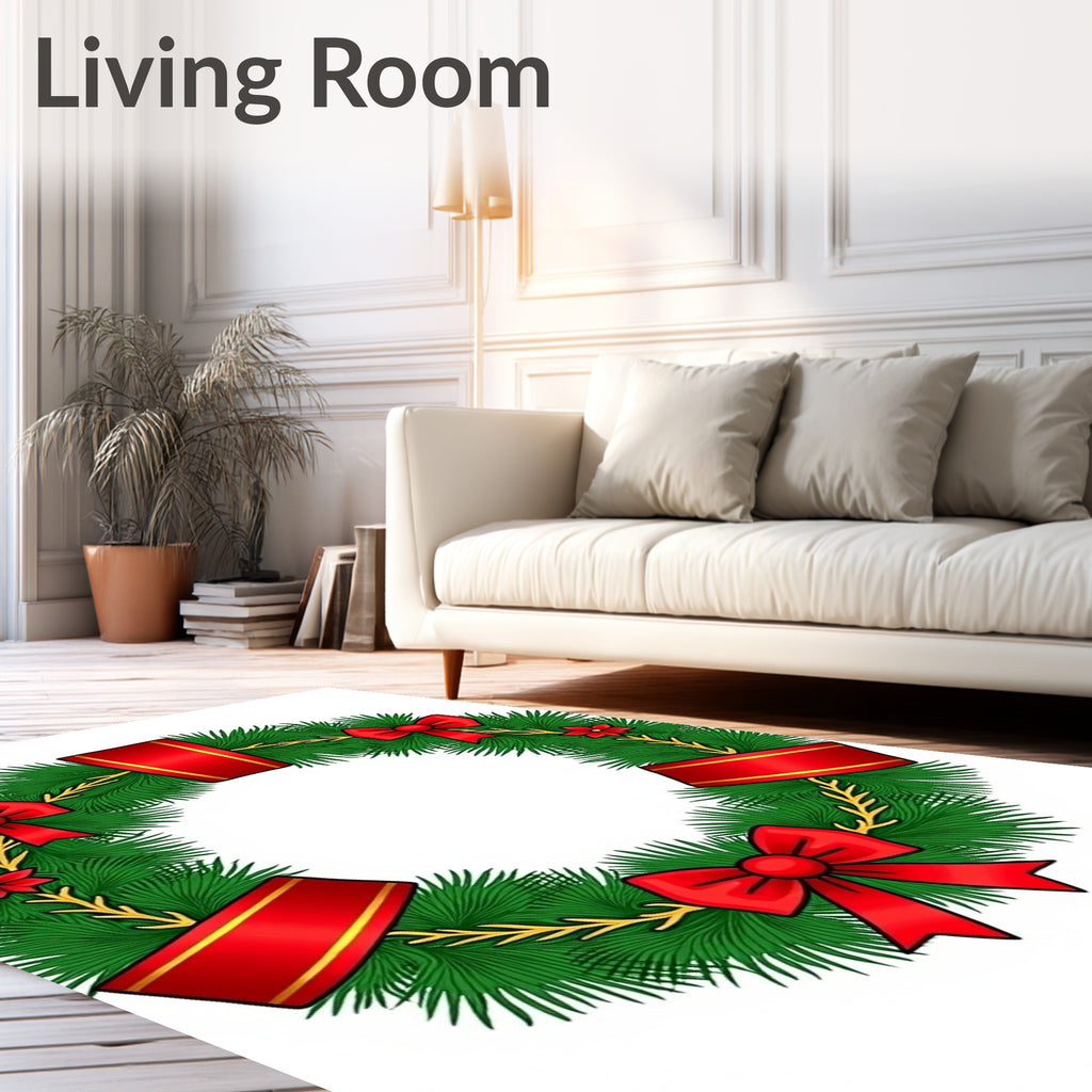 Festive Red Bow Green Pine Wreath Rug