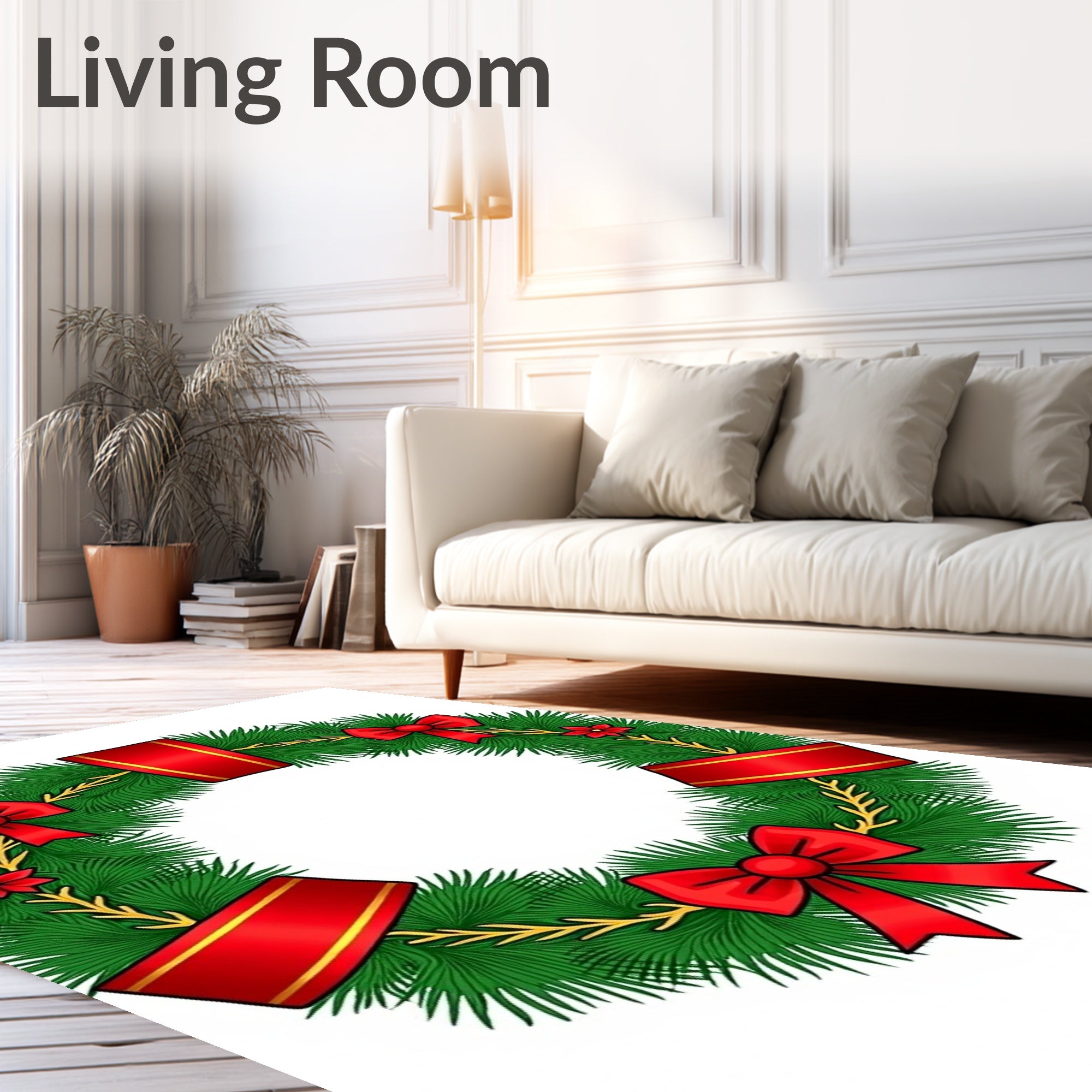Festive Red Bow Green Pine Wreath Rug