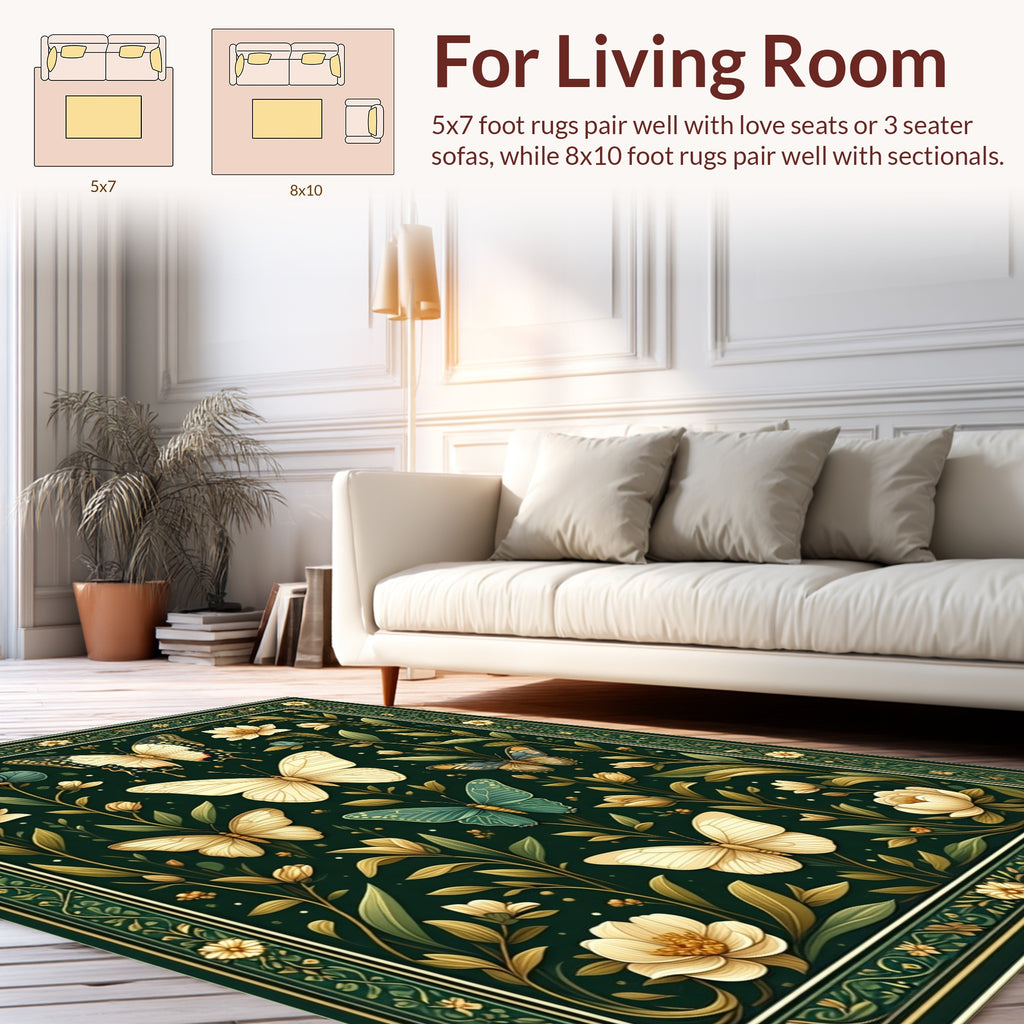 Emerald Butterfly Garden Floral Pattern Rug
