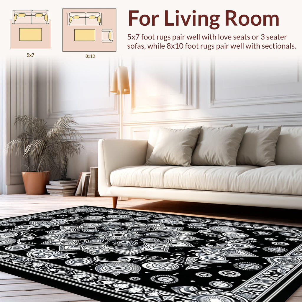 Intricate Black And White Mandala Pattern Rug