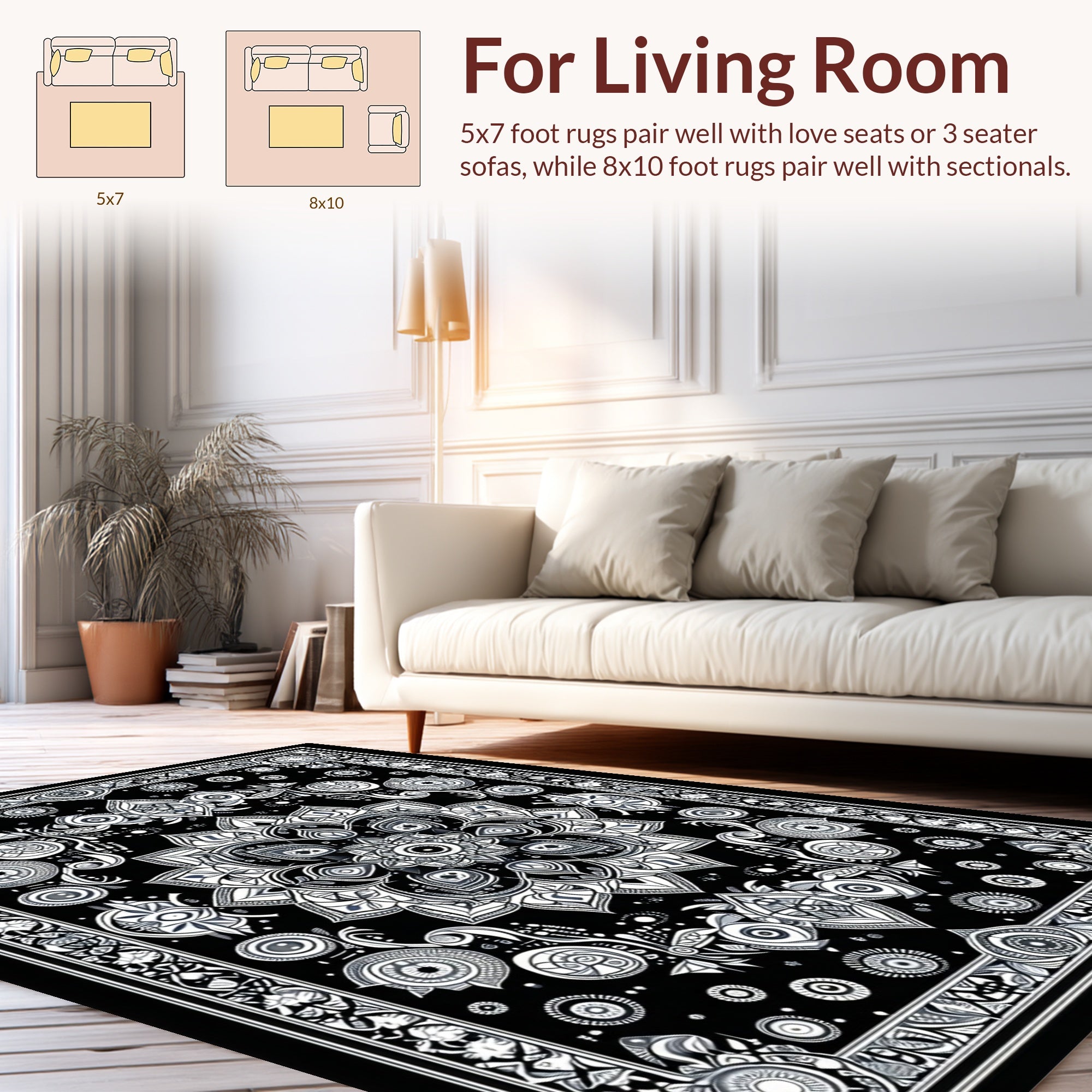 Intricate Black And White Mandala Pattern Rug