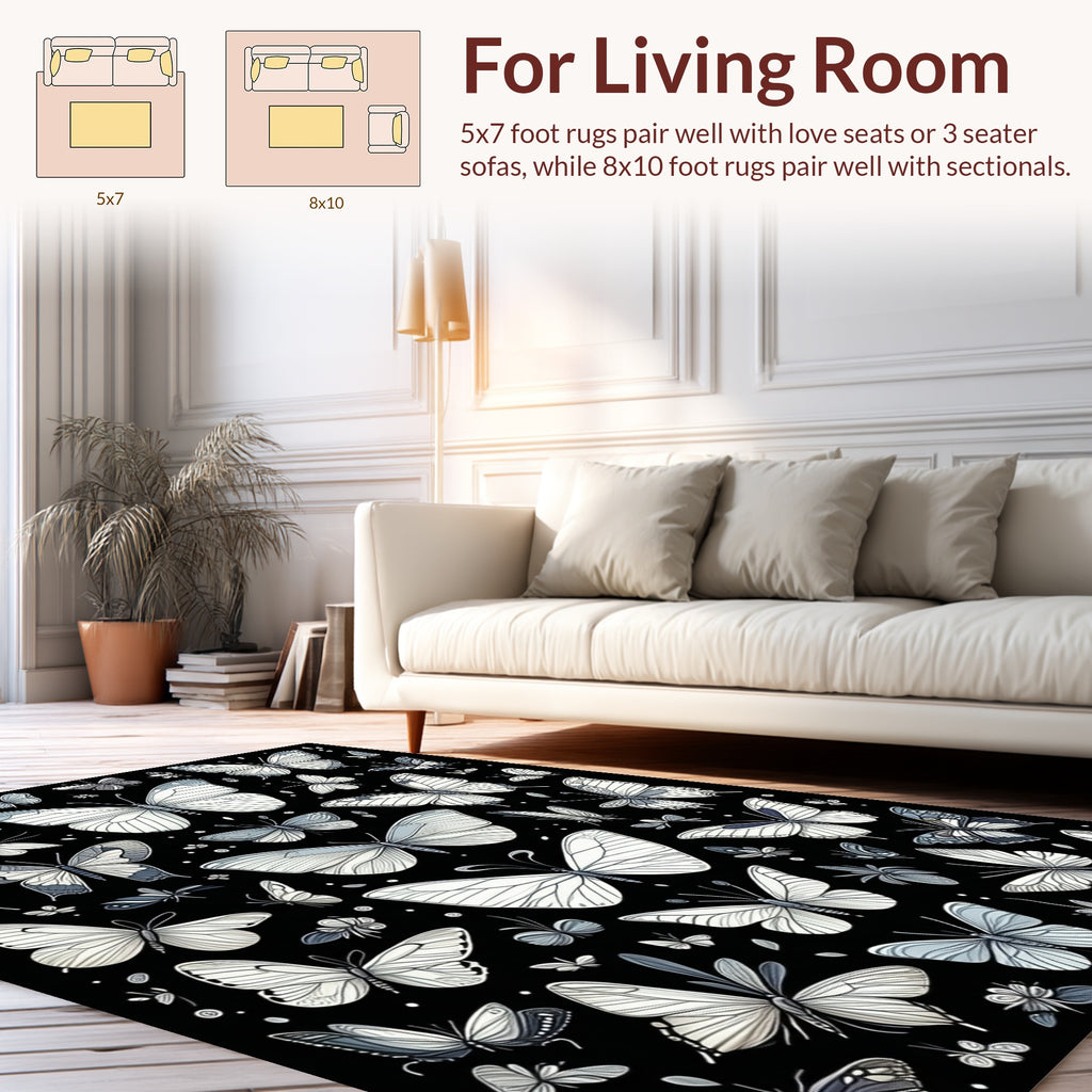 Monochrome Butterfly Garden Pattern Rug