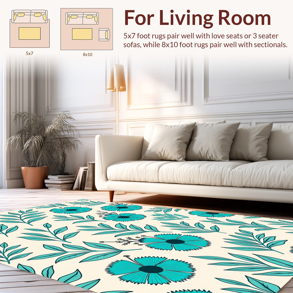 Teal Floral Leaf Pattern Rug