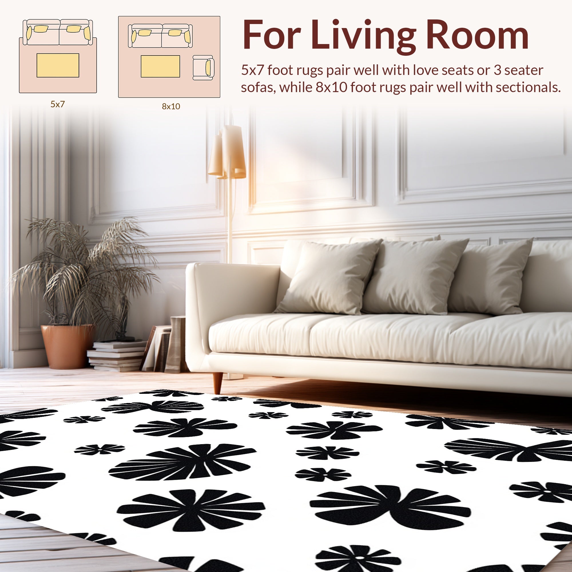 Black Floral Silhouette Pattern Rug