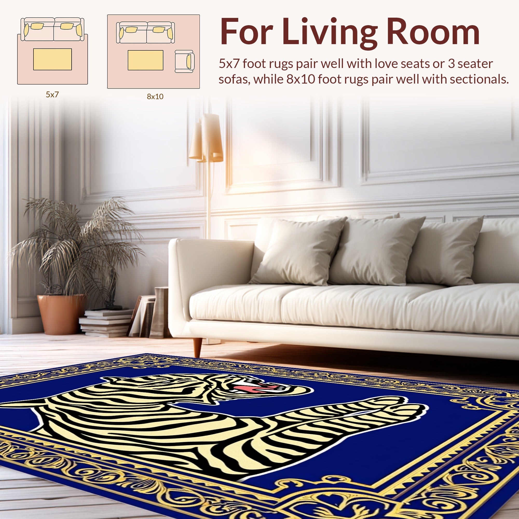 Bold Tiger With Gold Ornate Frame Rug