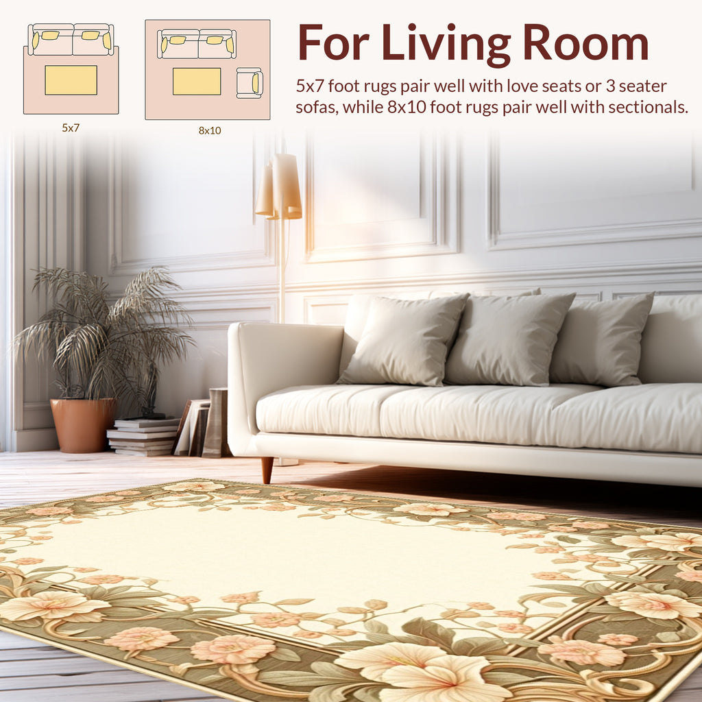 Soft Peach Floral Vine Border Rug