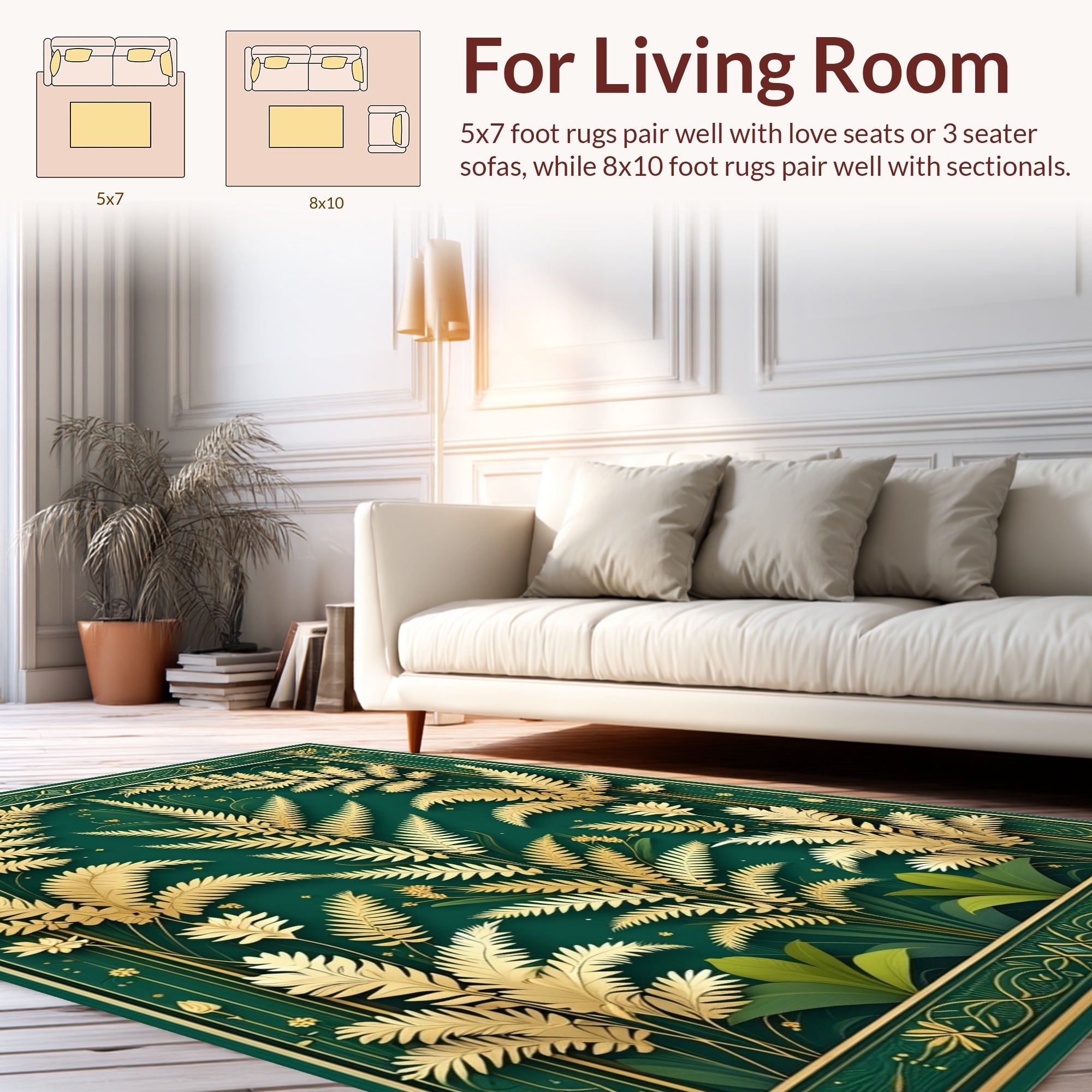 Elegant Gold Fern Botanical Art Rug