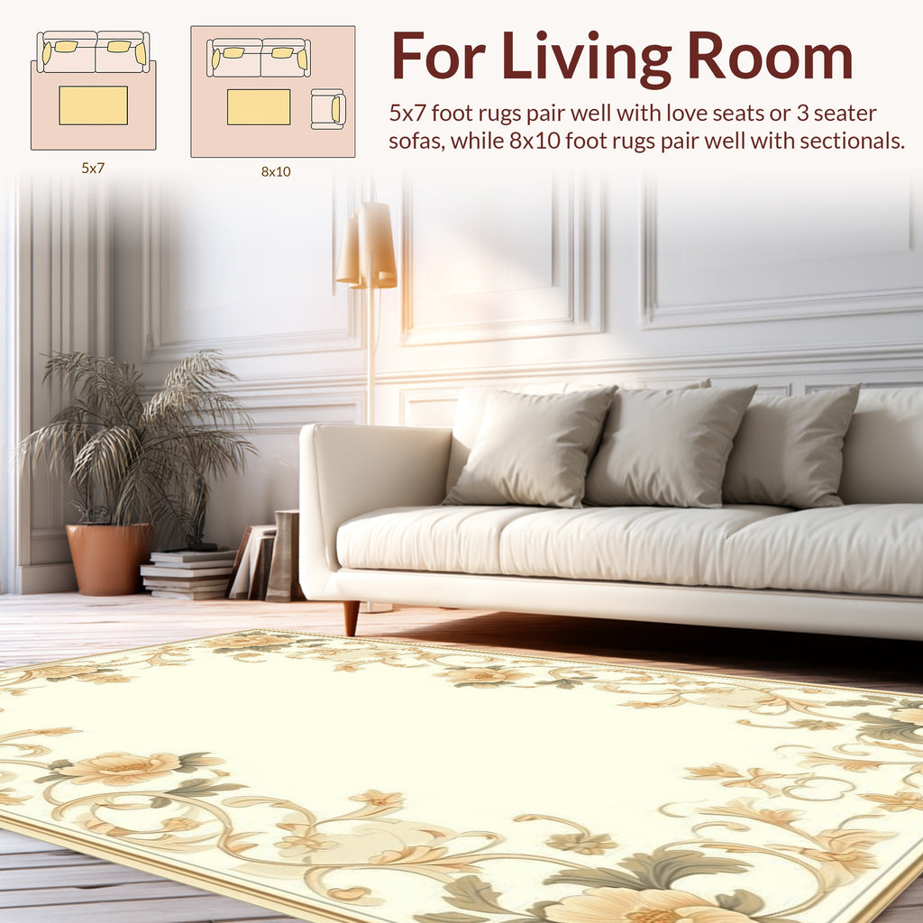 Cream Floral Scrollwork Vintage Frame Rug