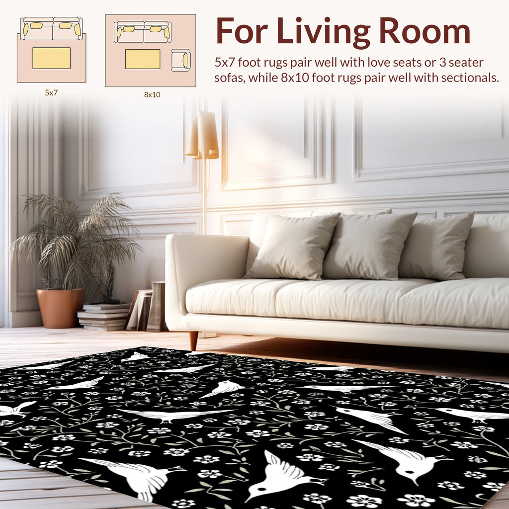 Birds and Blossoms Black Ground Design Rug