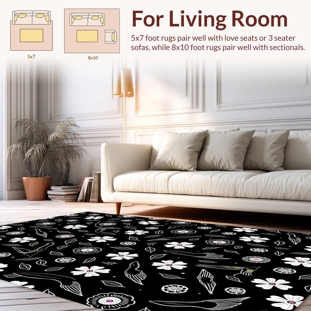 Whimsical White Floral Pattern Black Rug