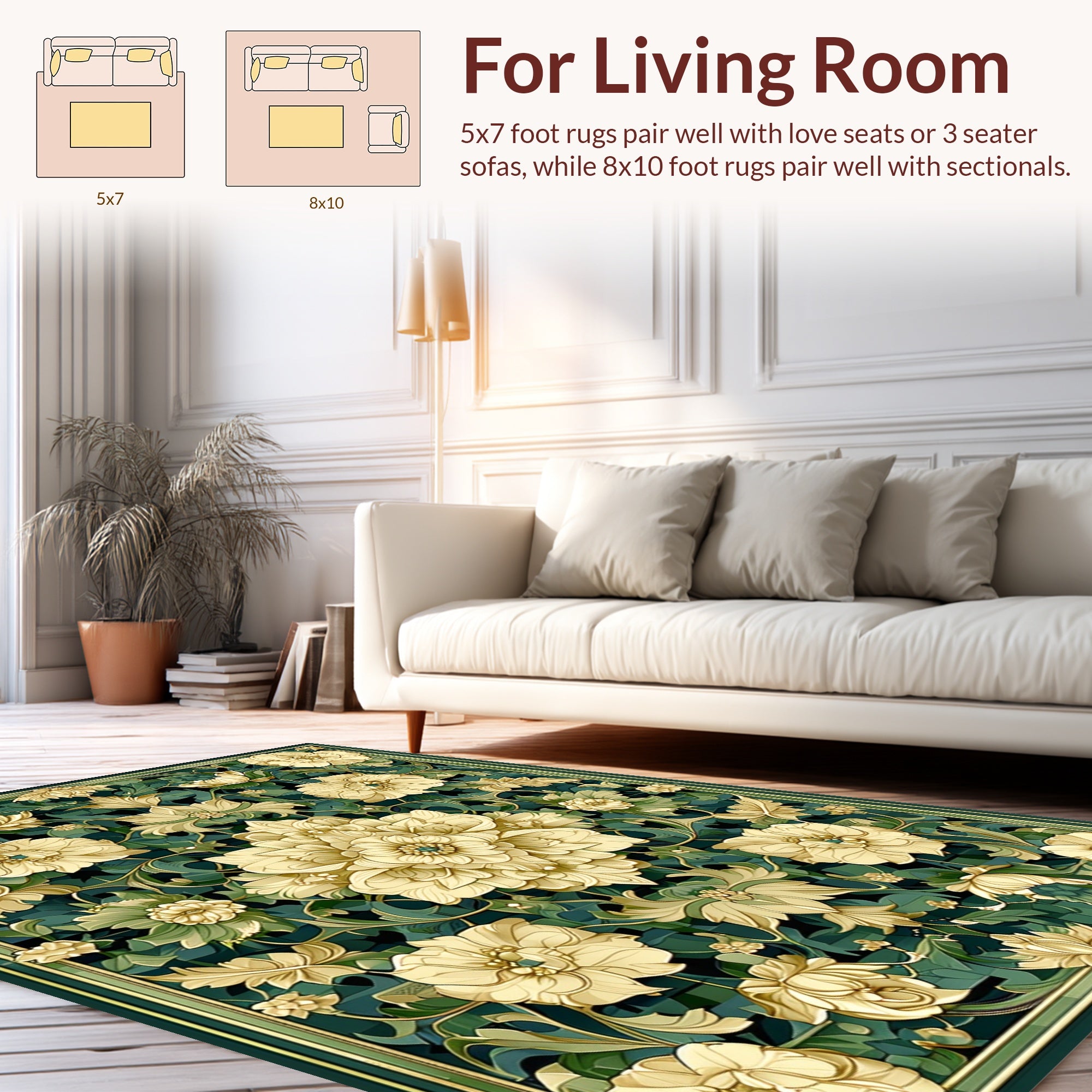 Intricate Floral Patterned Green Gold Rug