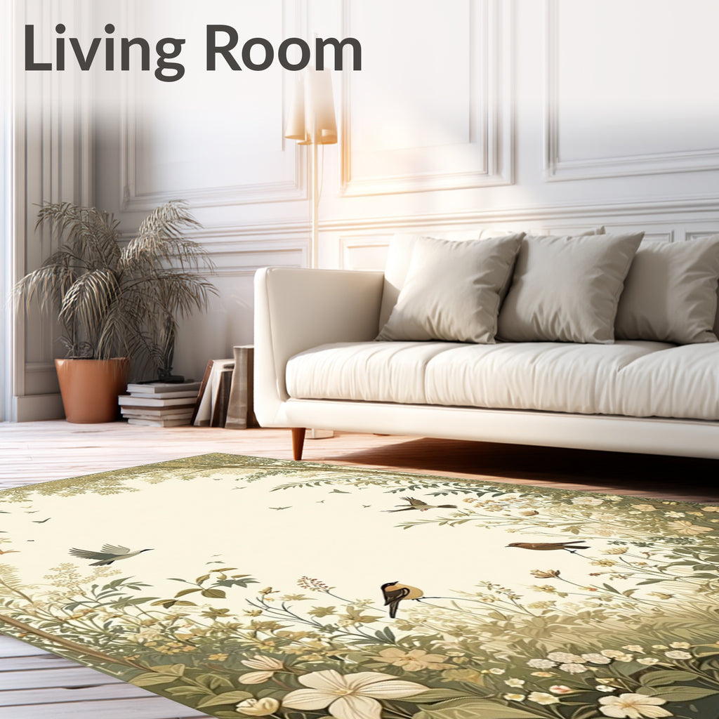 Enchanted Meadow Bird Floral Scene Rug